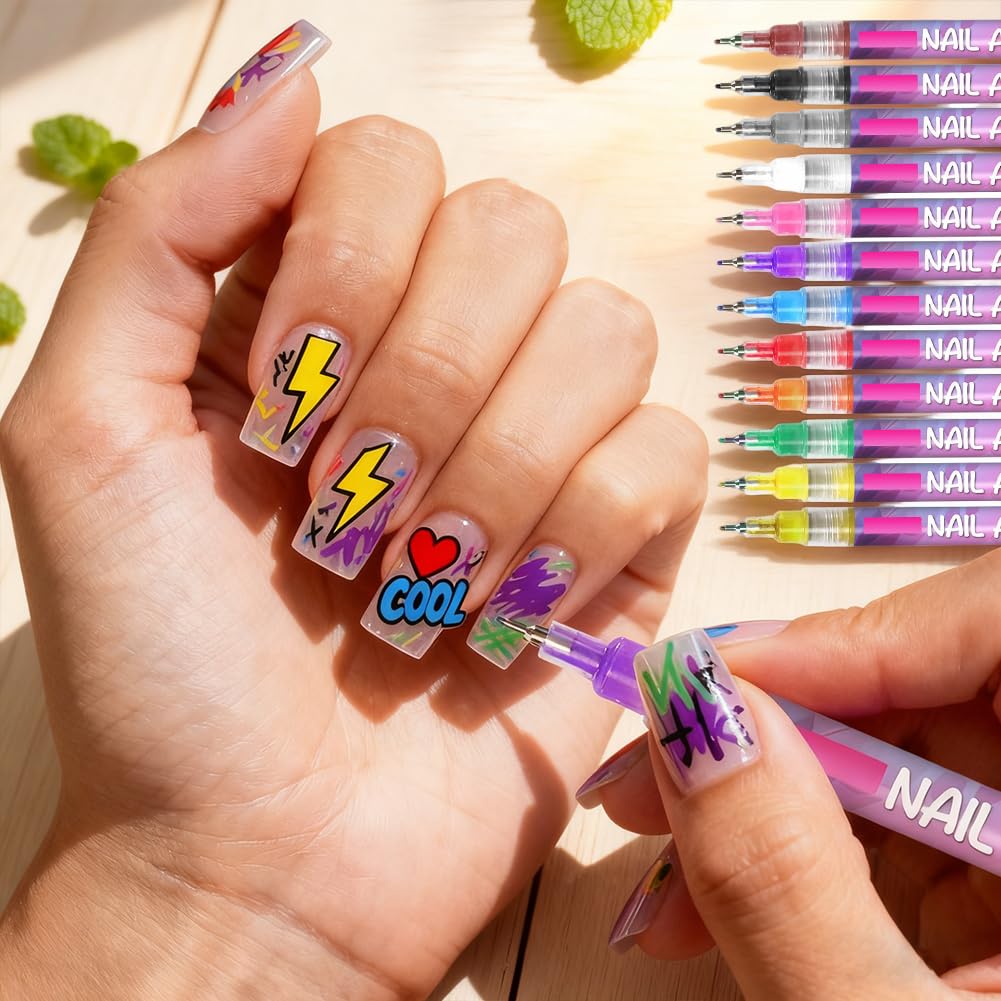 Zestaw pisaków do paznokci, 12 kolorów, pisak do paznokci DIY do rysowania linii, graffiti do nail art, narzędzia do manicure, wodoodporny, szybkoschnący, 3D Nail Art Pen, pisaki do lakieru do