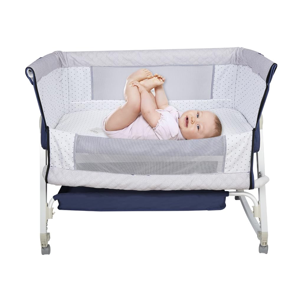 Cuna 3 en 1 de Viaje con Ruedas y colchón,Cuna colecho pórtatil Regulable en Altura a 5 velocidades, Cuna con Bolsillo Lateral de Transporte, para Bebés de 0-5 Meses (95x50x98 - 110cm (azul azafrán))