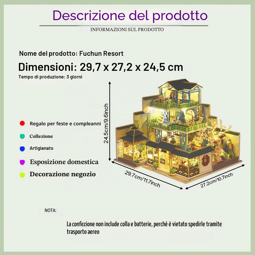 Casa delle bambole in miniatura in stile cinese a tre piani, mobili in legno, kit fai da te per casa delle bambole con LED per stanza creativa, regalo per adulti e bambini