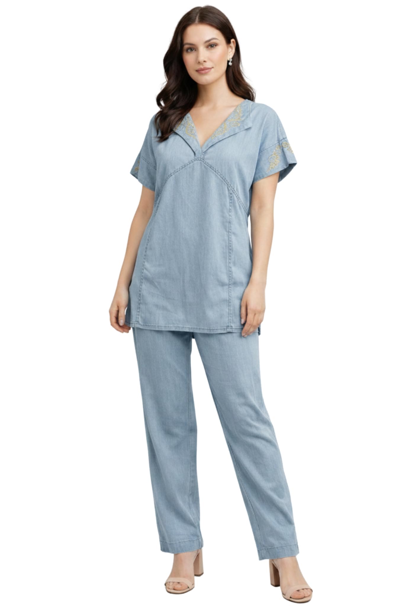 Blue Lyocell Denim Co-Ord Set for Women | Sustainable Denim Top with Embroidered Sleeves & Straight Pants | Casual Smart Two-Piece Outfit-image-25