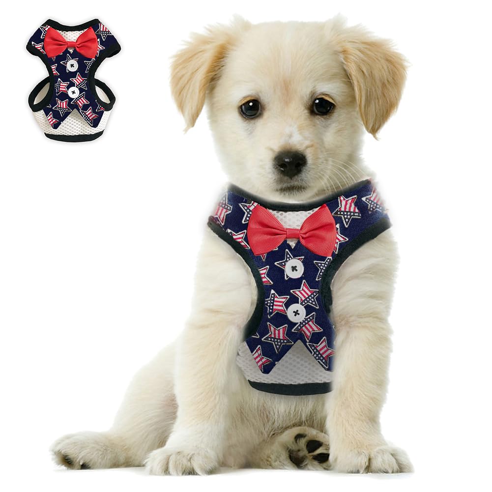 Bark Lover Small Puppy Harness with Bowtie, Adjustable Dog Vest Mesh Tuxedo Harness for Small Dog Kitten, Perfect for Party Wedding Holiday(M, US Flag