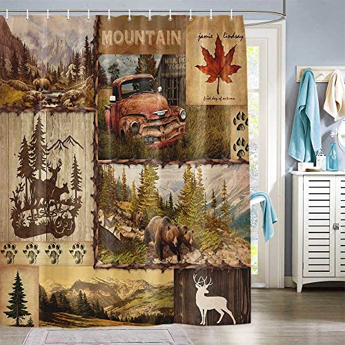 Rustic Bear Shower Curtain For Bathroom, Wildlife Moose Deer Mountain Tree Leaf Lodge Cabin Country Farmhouse Decor Shower Curtain Sets, Durable Polyester Fabric Sets With Hooks, 72 X 72 Inches #TOP2
