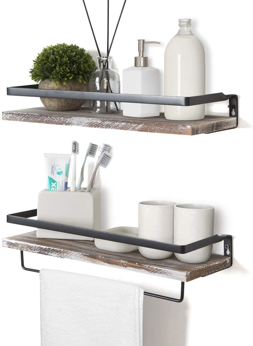 Mensola sospesa da parete in legno, con portasciugamani, rustica, ideale per soggiorno, camera da letto, corridoio, bagno, 2 pezzi (bianco lavato)