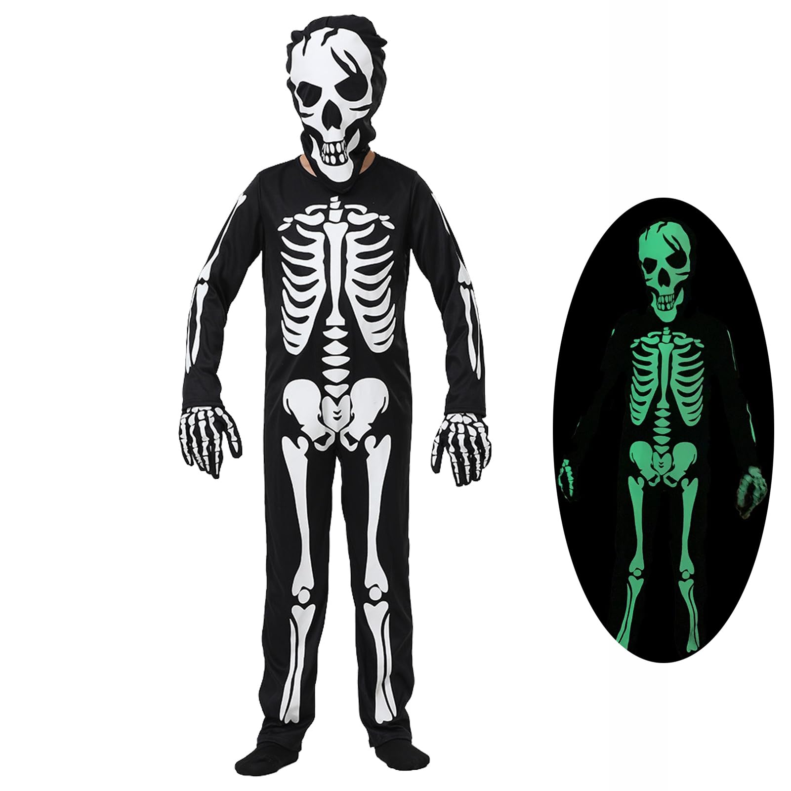 Halloween Skeleton Costume for Kids, Glow In The Dark Skelebones Jumpsuit, Skull Fancy Dress Costumes for Children, Cosplay Party Bodysuit for Boys Girls Age: 3-10 Years