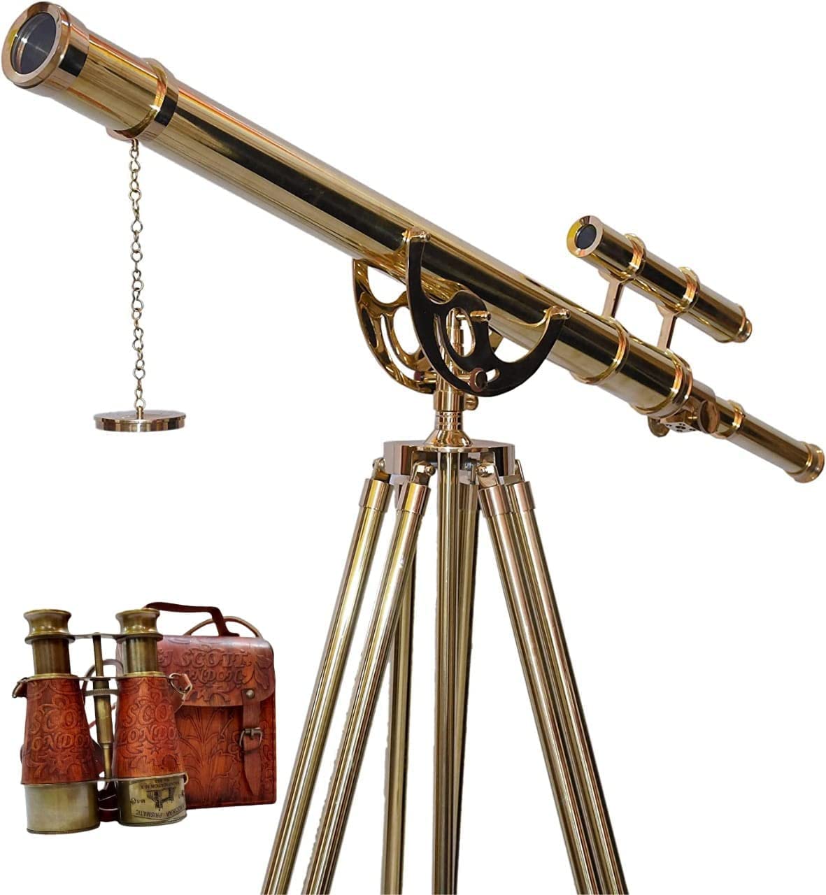 Nautical Double Barrel Shiny Brass Antique Telescope Floor Standing Wooden/Brass Stand Home Collectible Telescope Stand Brown Adjustable Tripod - Navirock