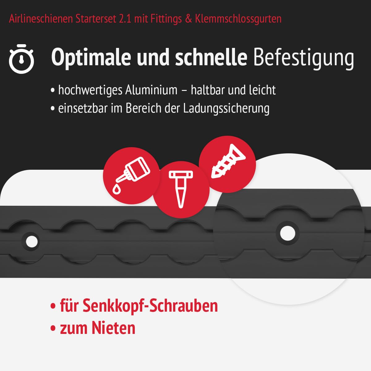 Set 2X Airlineschienen 1.0 m, 4X Endkappen, 4 Fittinge und 4X Klemmschlossgurte, schwarz KTL-beschichtet, gebohrt, eckig, 34 x 9,6 mm | Zurrschiene für Transporter, Wohnwagen, Anhänger