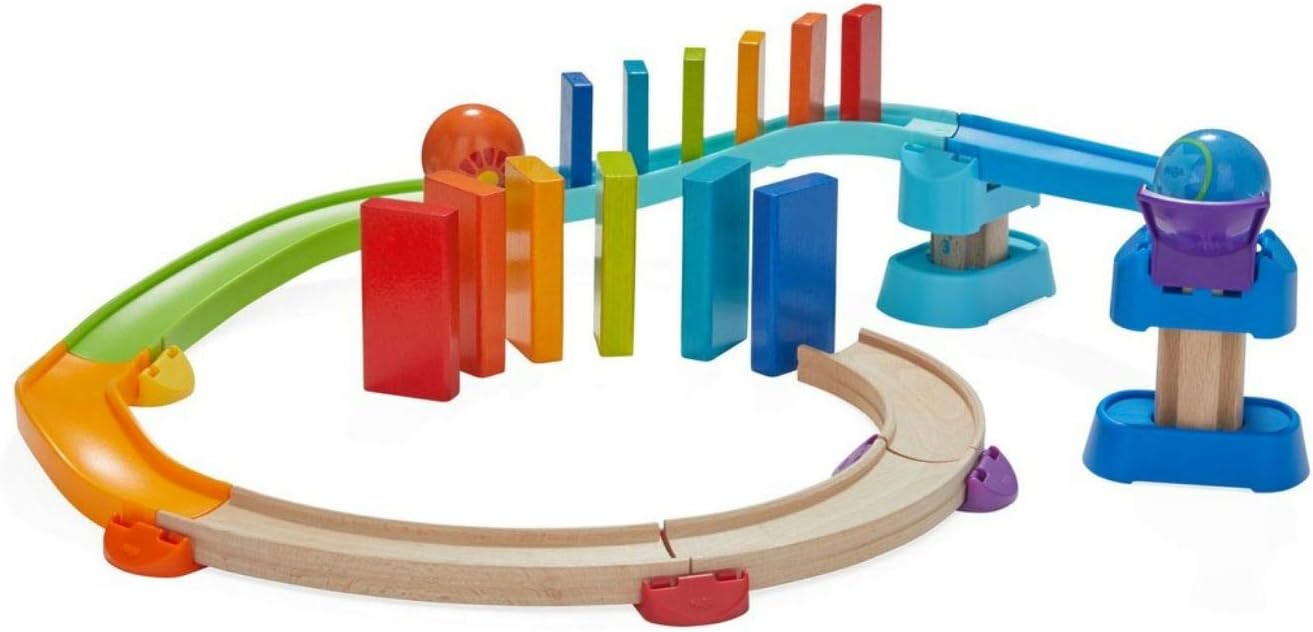HABA Kullerbu Kringel Domino Playset - 33 Piece Ball Track Starter Set with Two Sets of Falling Dominoes - Ages 2+