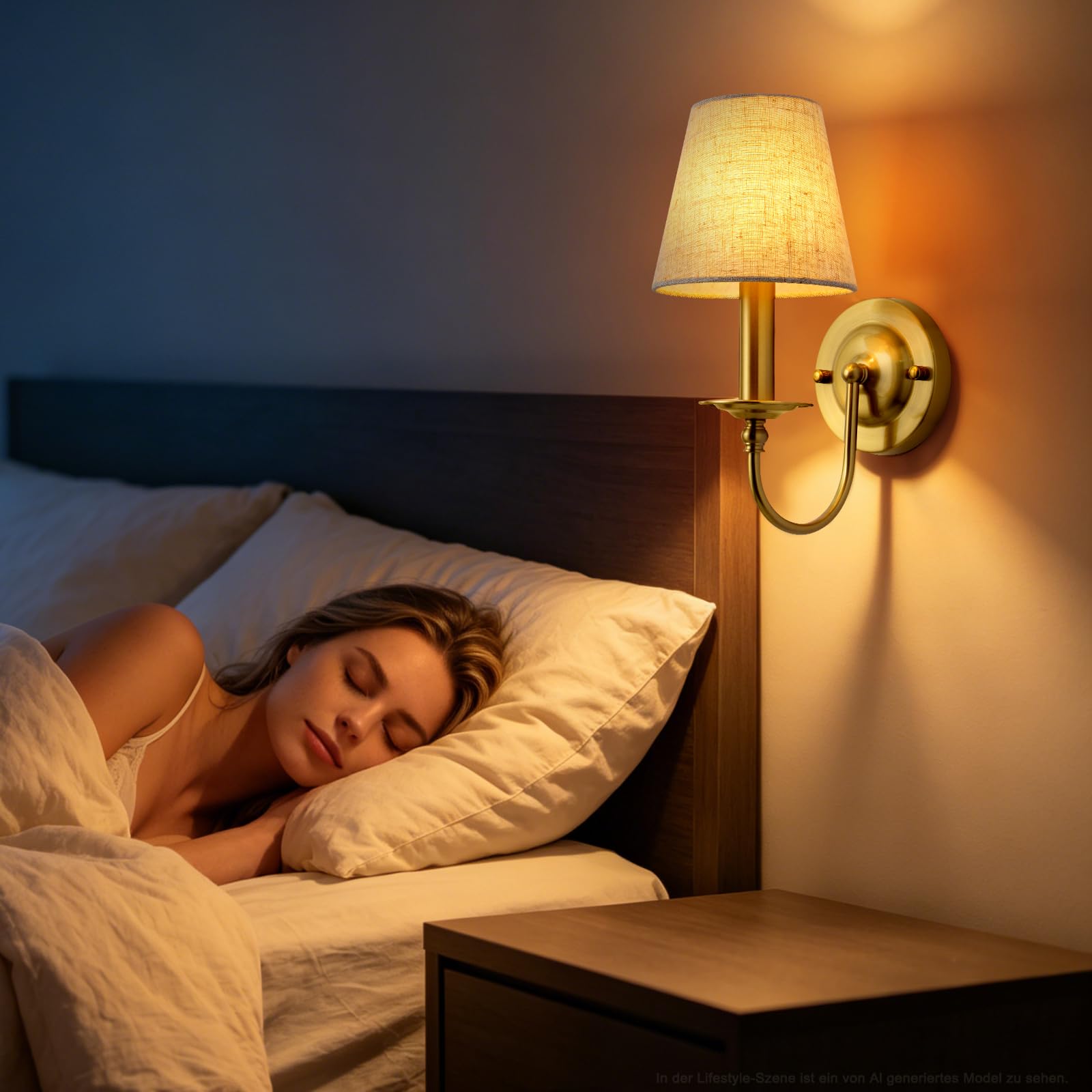Wandleuchte Gold, 2 Stück Wandlampe Innen, E14 Wandlampen Gold mit Stoffschirm, Wandleuchten Vintage Feste Verkabelung für Flur, Treppenhaus, Wohnzimmer, Schlafzimmer