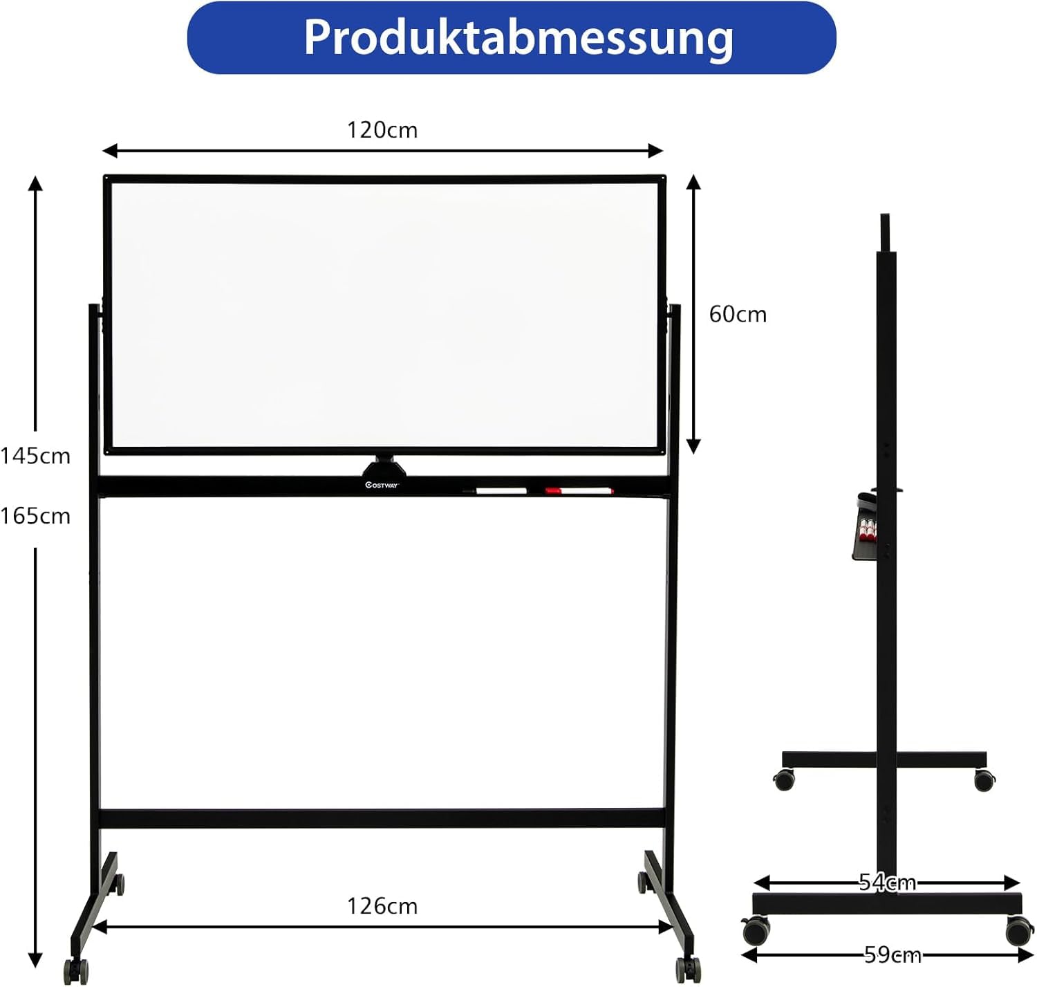 FANTASK Przenośna tablica suchościeralna, 120 x 60 cm, dwustronna magnetyczna tablica suchościeralna ze stojakiem i rolkami, zmywalna na sucho