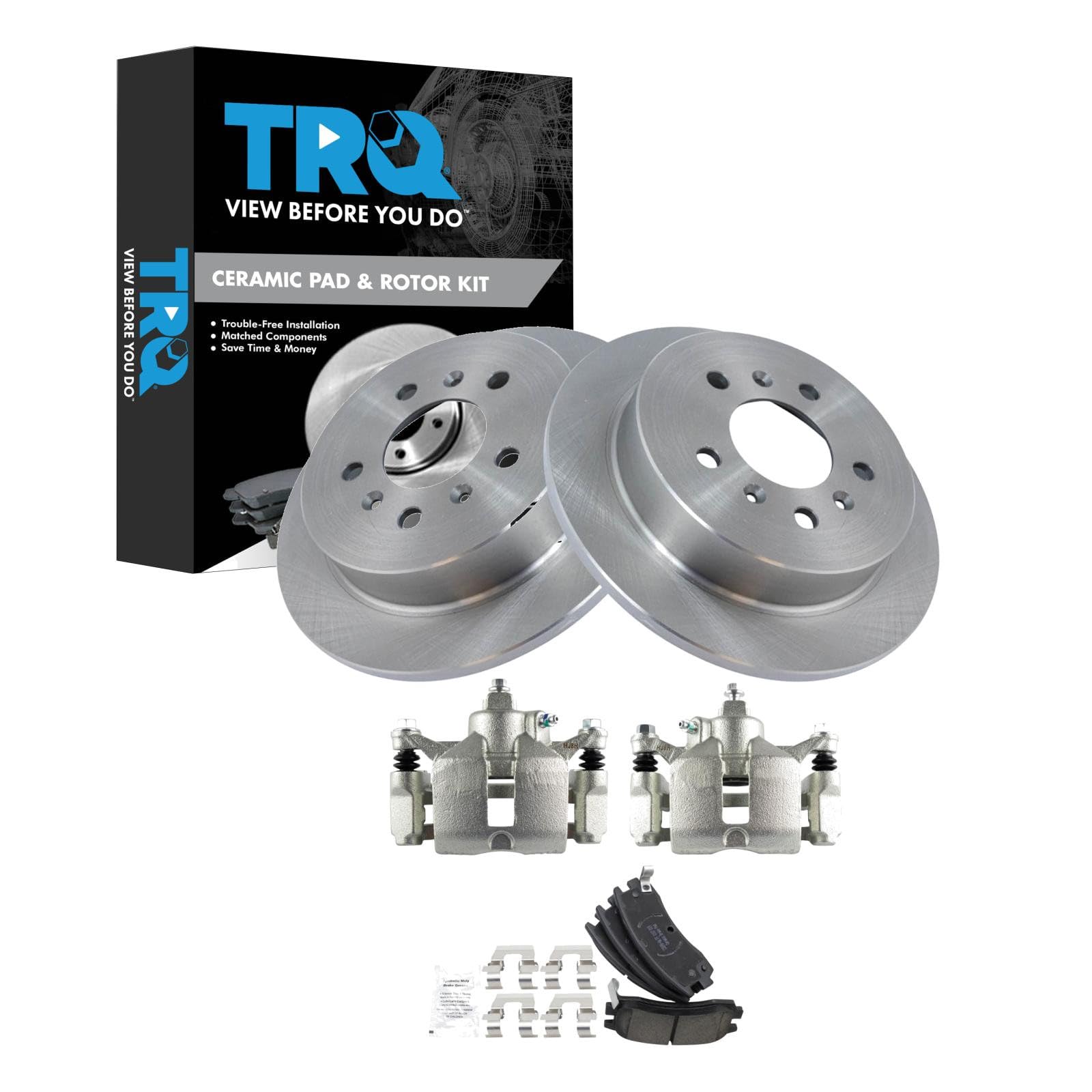 TRQ Rear Brake Pad and Rotor Set Ceramic Solid Rotors Calipers