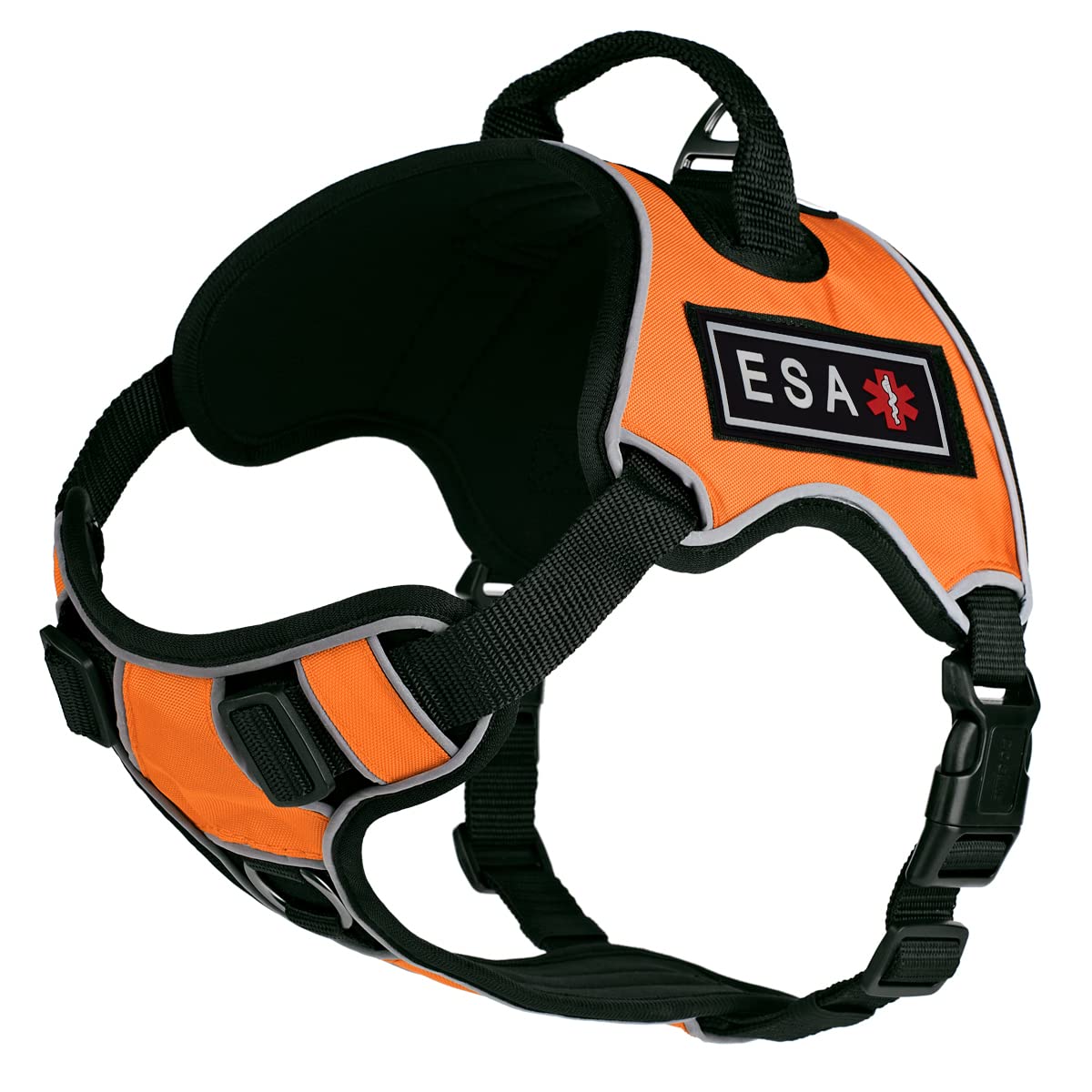 Dogline Quest Pettorina per cani antitiro, in gomma 3D, con toppe rimovibili ESA, riflettente, morbida, confortevole, con sgancio rapido, doppia fibbia, ferramenta nera e manico da 32 a 101,6 cm,