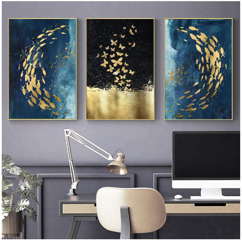 Imprimir lienzo pintura carteles y arte de la pared abstracto pez dorado mariposa cuadros para sala marco nórdico decoración 30x40 cm x3 /11.8 "x 15.7" con marco