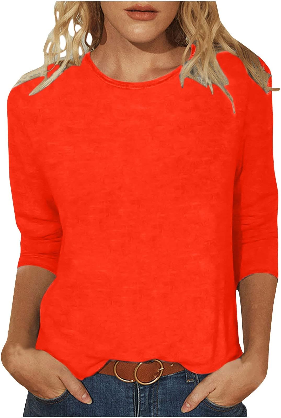 Women 3/4 Length Sleeve Casual T Shirt Blouse Simple Solid Color Shirts Tops Loose Fit Fashion Comfy Blouses