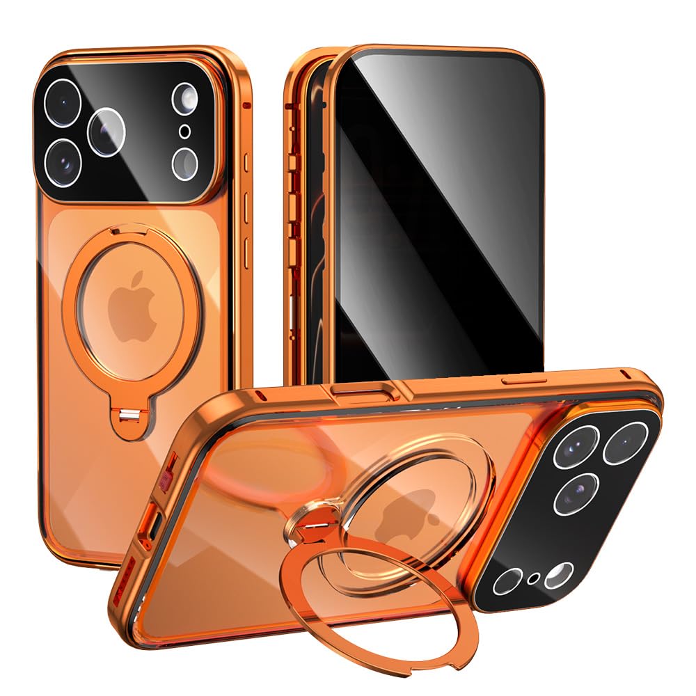 360度回転 覗き見防止 iPhone17ProMax 用 ケース フルーカバー リングスタンド 全面保護 Magsafe対応 縦置き横置き両方対応 アイフォン17Pro Max 全面カバー 両面ケース 9H強化ガラス ワイヤレス充電 一体型レンズ保護 PC背面 アルミバンパー,オレンジ