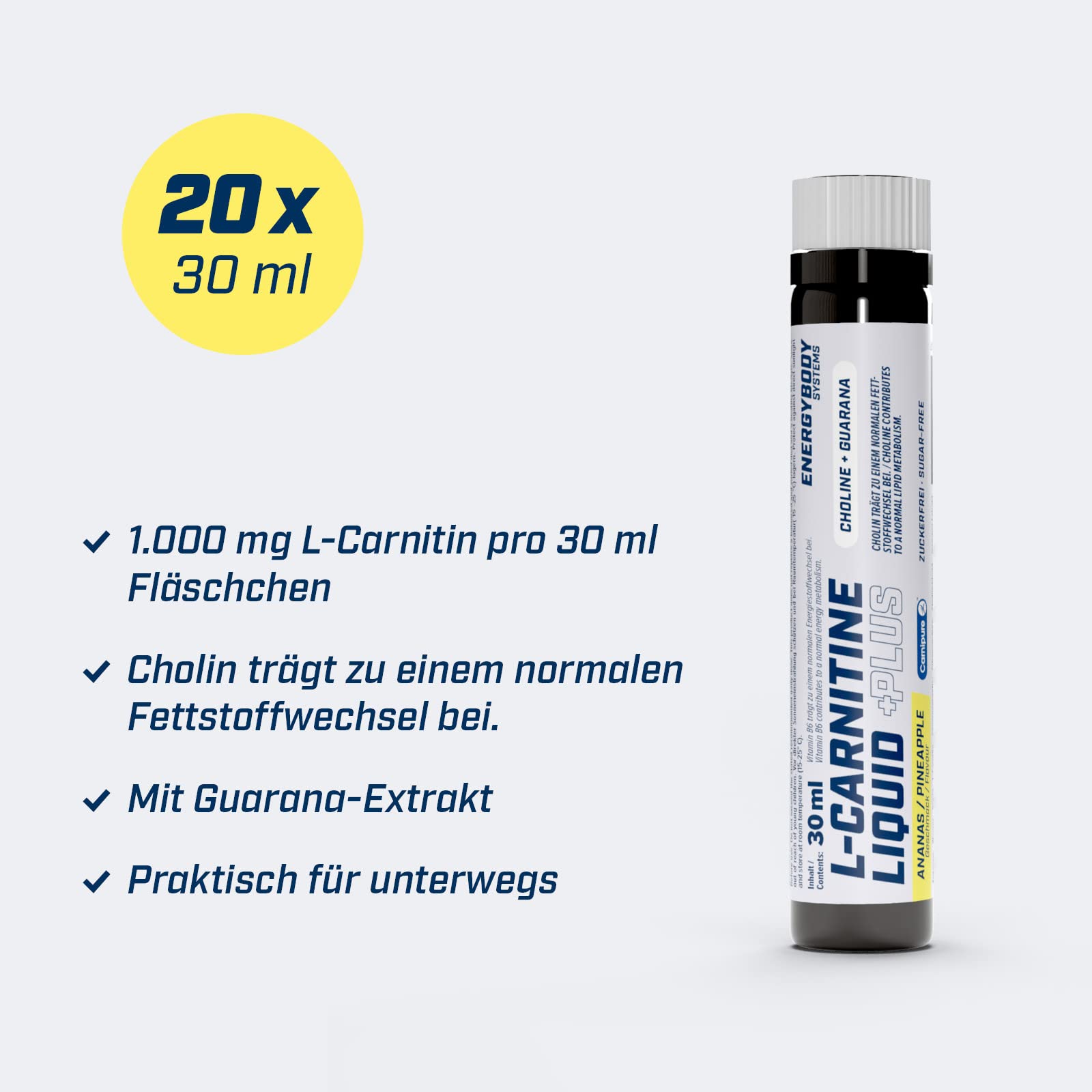 Energybody® L-Carnitine Liquid Plus - 20x30ml - L Carnitin Liquid mit Cholin & Guarana/Nahrungsergänzung für einen normalen Fettstoffwechsel