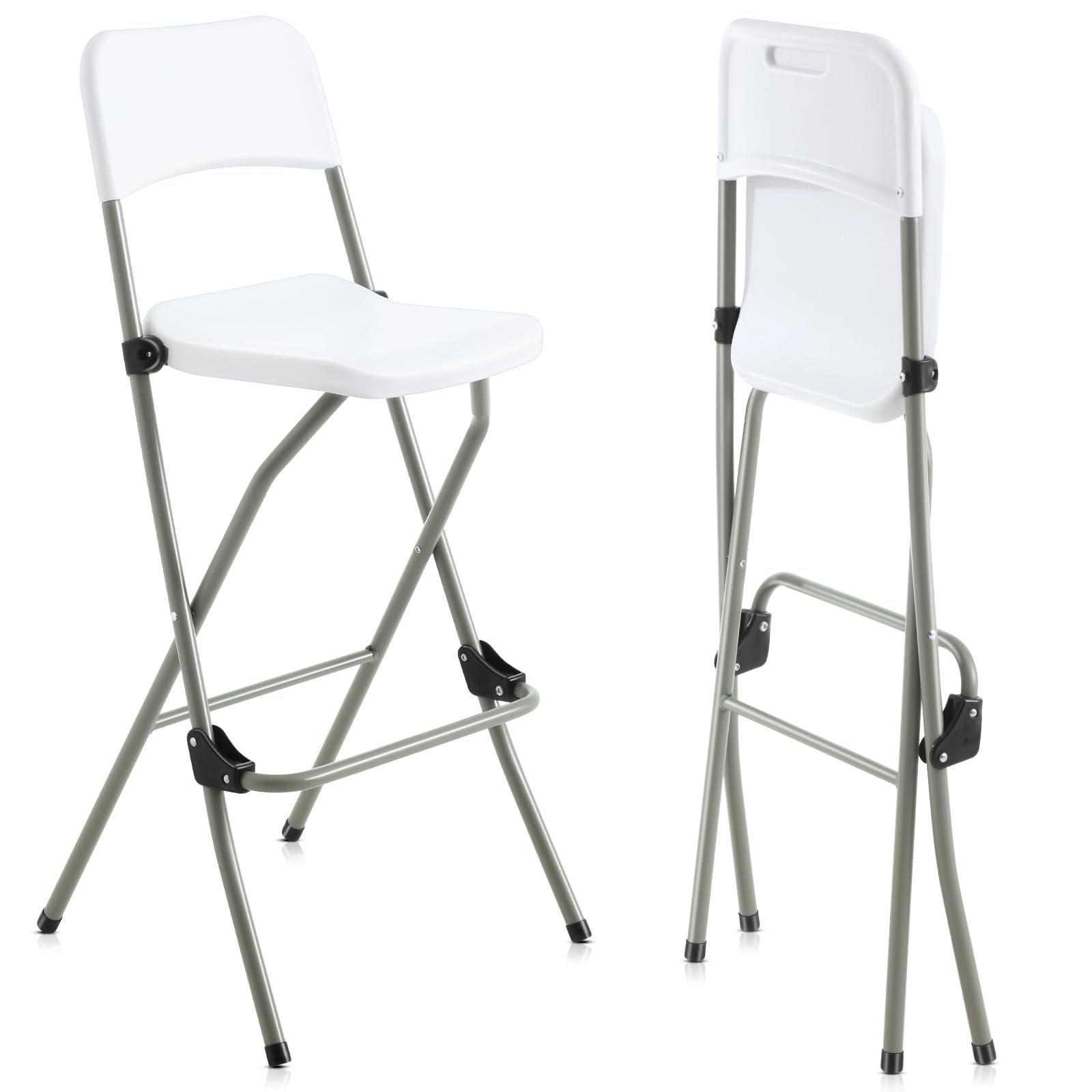 Folding Stool with Back Portable Metal Frame Barstools with Backs and Footrest 28.7 Inch Bar Height Folding Chairs for Counter Kitchen Island Shop Cafe Dining Room Bar(White, 2 Pcs)