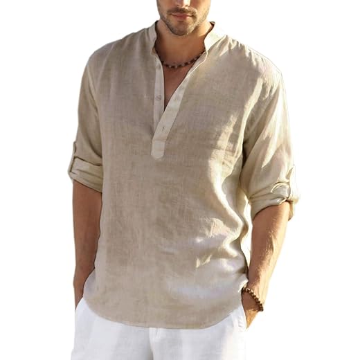 Camiseta masculina casual algodão linho manga longa praia hippie blusas leves soltas Camisetas masculinas de algodão e linho Henley manga longa hippie casual moda praia