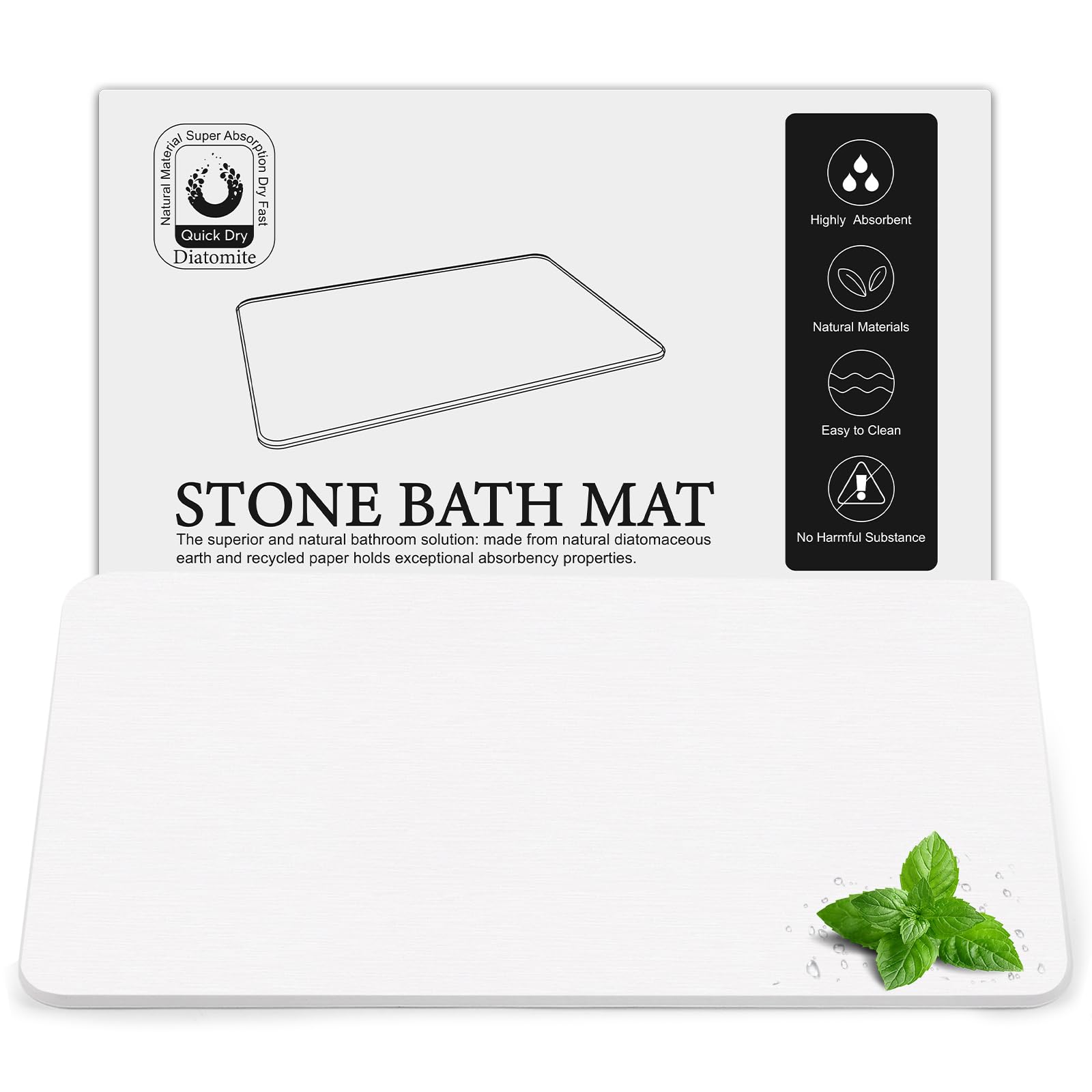 greenturf large diatomite stone bath mat, premium non-slip natural diatomaceous earth bathtub fast drying mats for bathroom floor (30" x 17" white)
