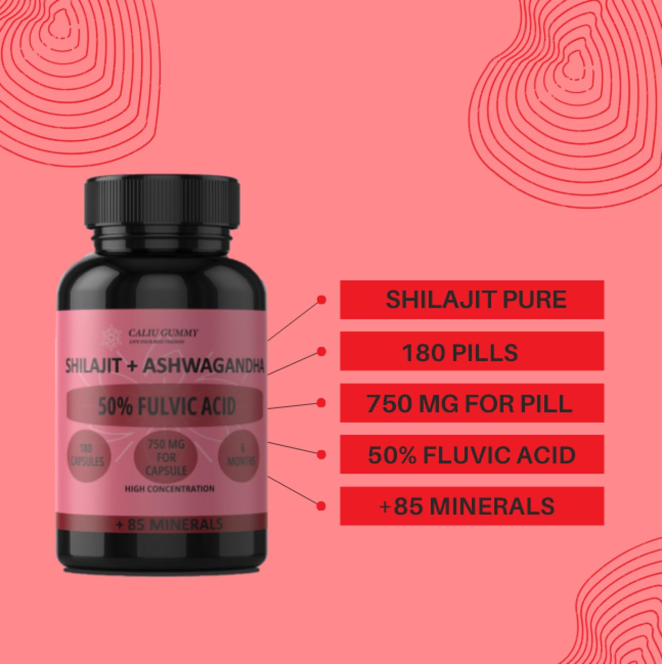 Shilajit Puro | 180 Capsule | 50% Acido Fulvico | 6 mesi | 144000mg | Con Polvere Naturale di Ashwagandha | +85 Minerali | Integratore in Compresse per Uomini con Resina Pura di Shilajit dell'Himalaya