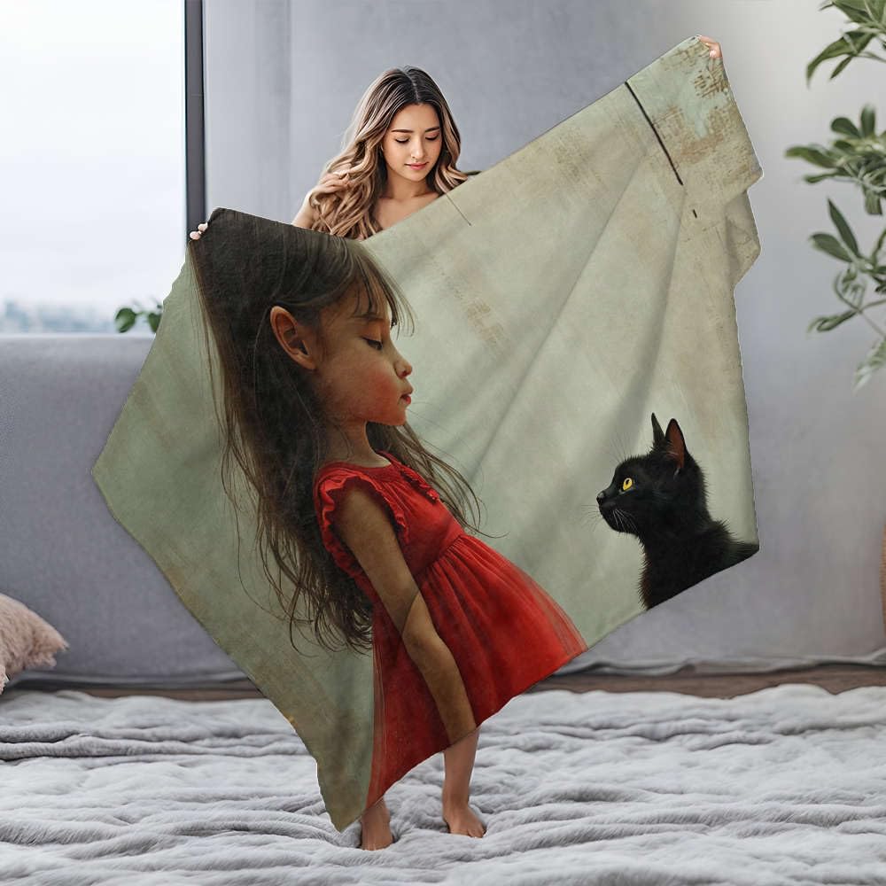 Couverture flanelle 150x200 cm avec illustration de chat noir