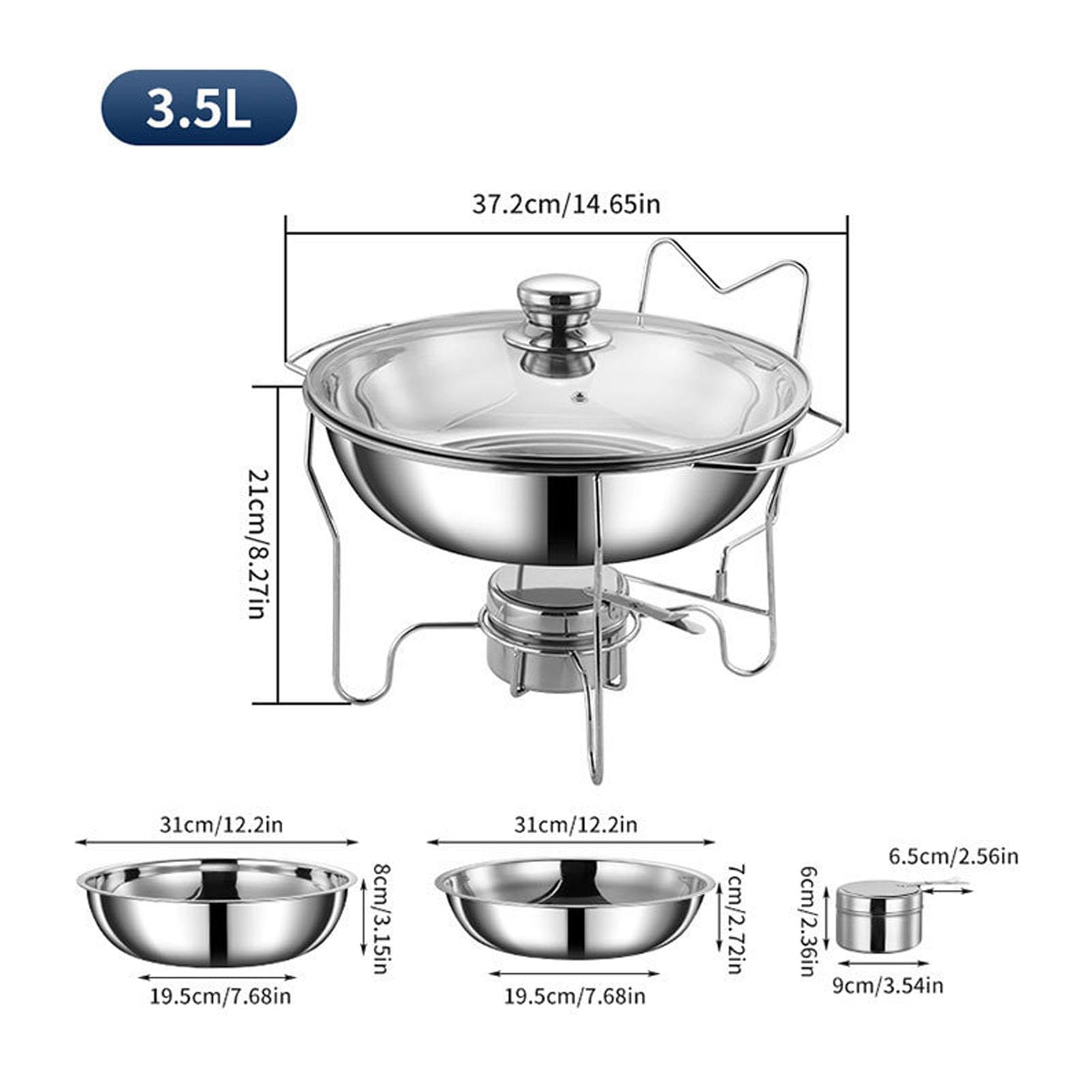 Generic Juego de Calentador de Buffet de Acero Inoxidable, Plato Redondo para Frotar con Tapa de Vidrio Ventilada para Catering y Banquetes (3.5L)