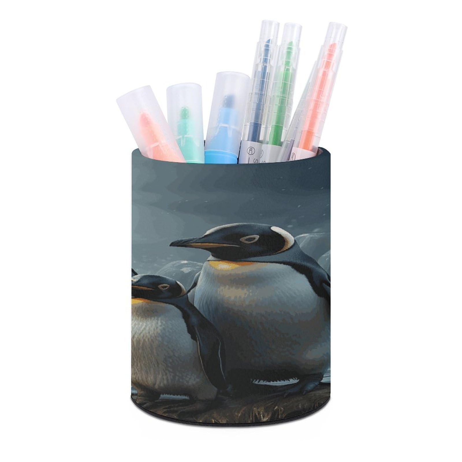 FekiLoot PU Leather Round Pen Holder Penguin Family Pencil Holder Desk Organizer Pen Organizer Pen Cup Pencil Cup Caddy Desktop Stationery Organizers for Office Home Supplies