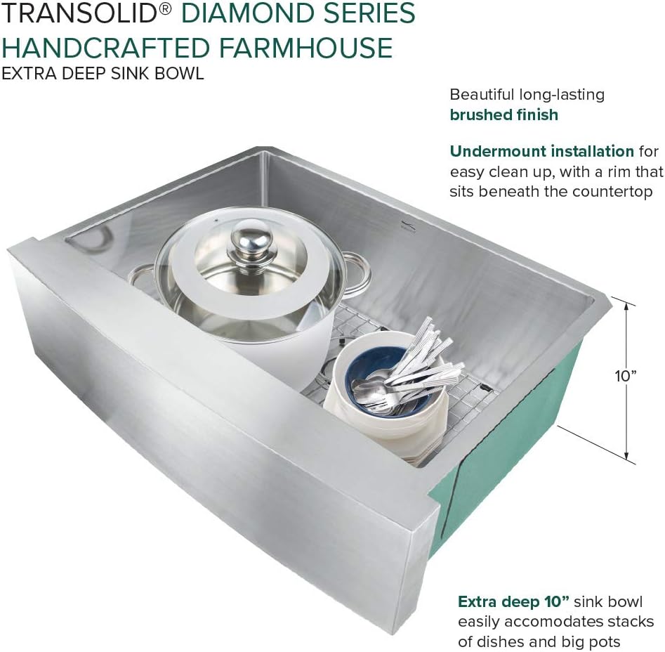 Transolid KKM-DUSSF302210 Diamond 29.5-in L x 22-in W Super Single Bowl Farmhouse Apron Front Kitchen Sink and Accessories Kit in Stainless Steel