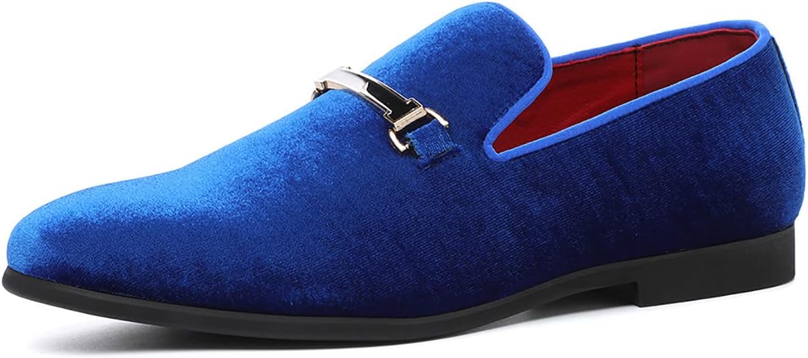 Santimon Dress Loafers Velvet Horsebit Buckle Flat Driving Moccasin Shoes for Men 8.5 Blue US