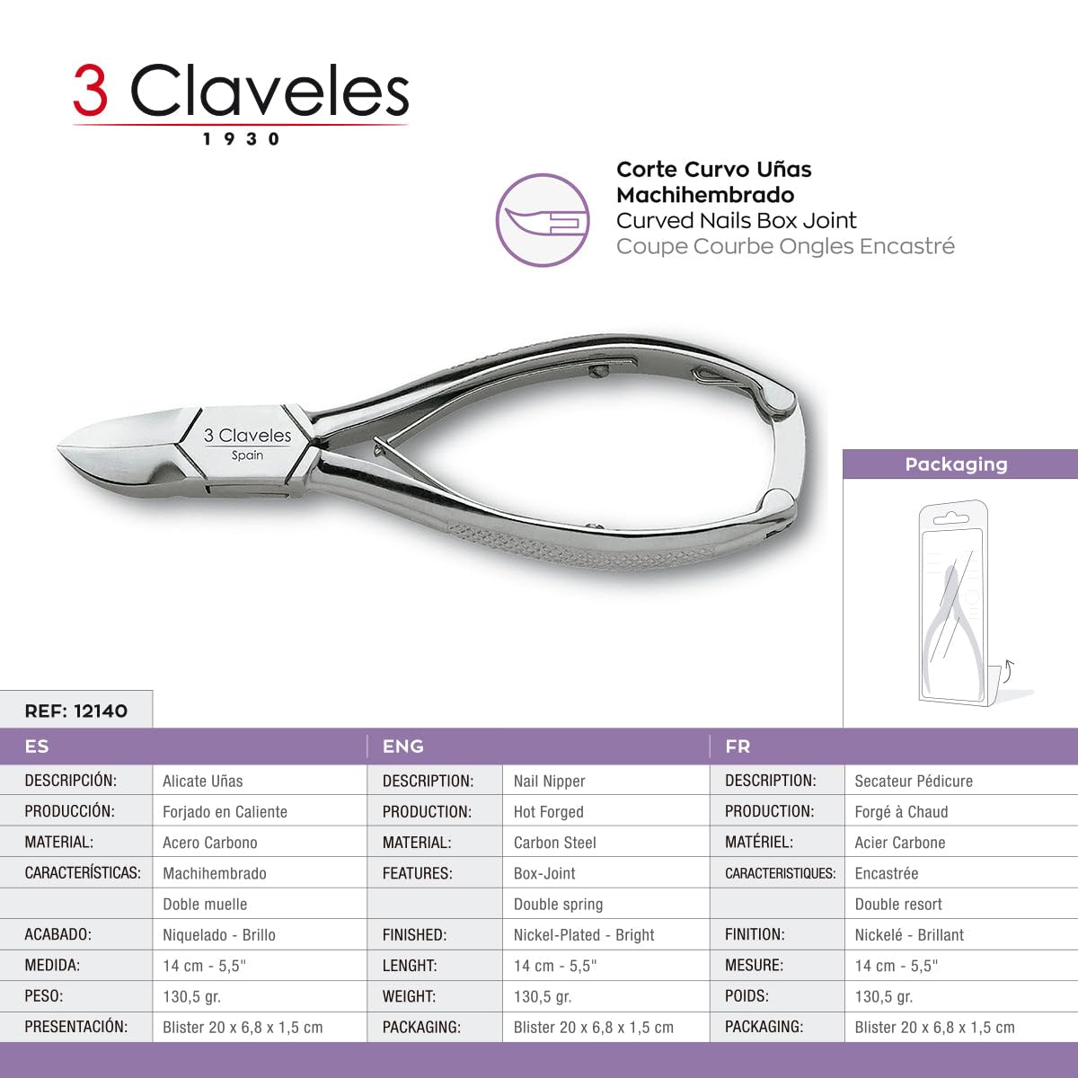 3 CLAVELES 12140 Alicate Para Pedicuro, Machihembrado De 14.5 Cm, color Cranberry