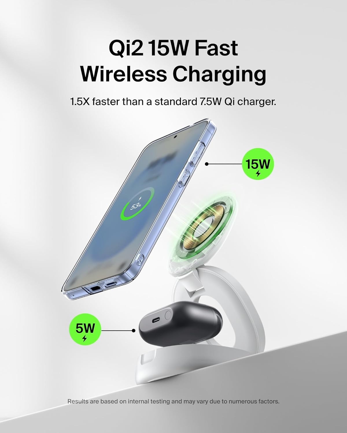 Belkin MagSafe Charger Compatible, 2-in-1 Qi2 Wireless Charging Station 15W, Convertible Charger for iPhone 17, Apple Watch, AirPods, Pixel 10, Portable Phone Stand for Travel w/ 30W Adapter - White