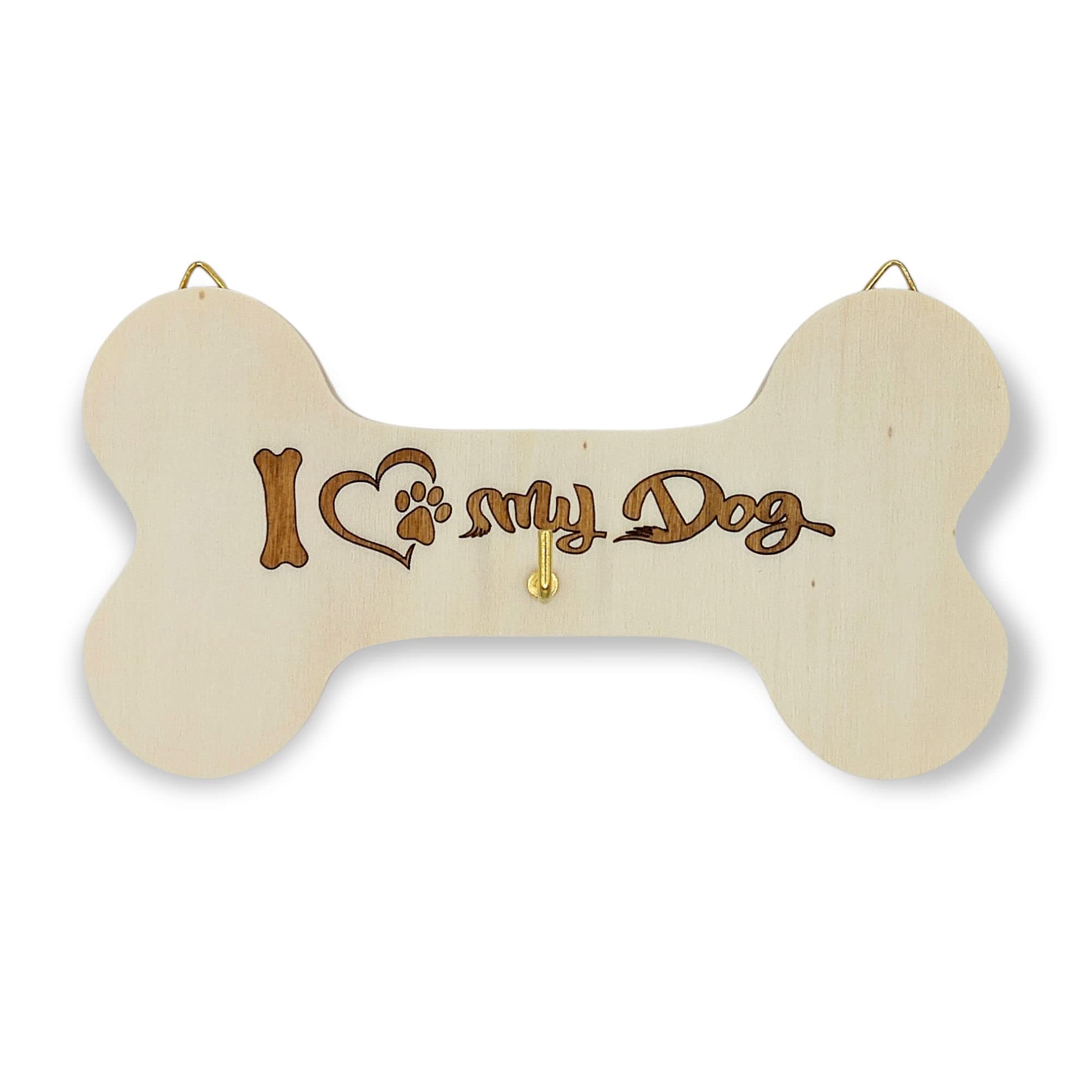 NM Idee Regalo Porta guinzaglio per cani in legno Appendi pettorina o collare cane taglia piccola da parete Portaguinzaglio da muro a forma di osso con incisione laser (1-I Love My Dog)