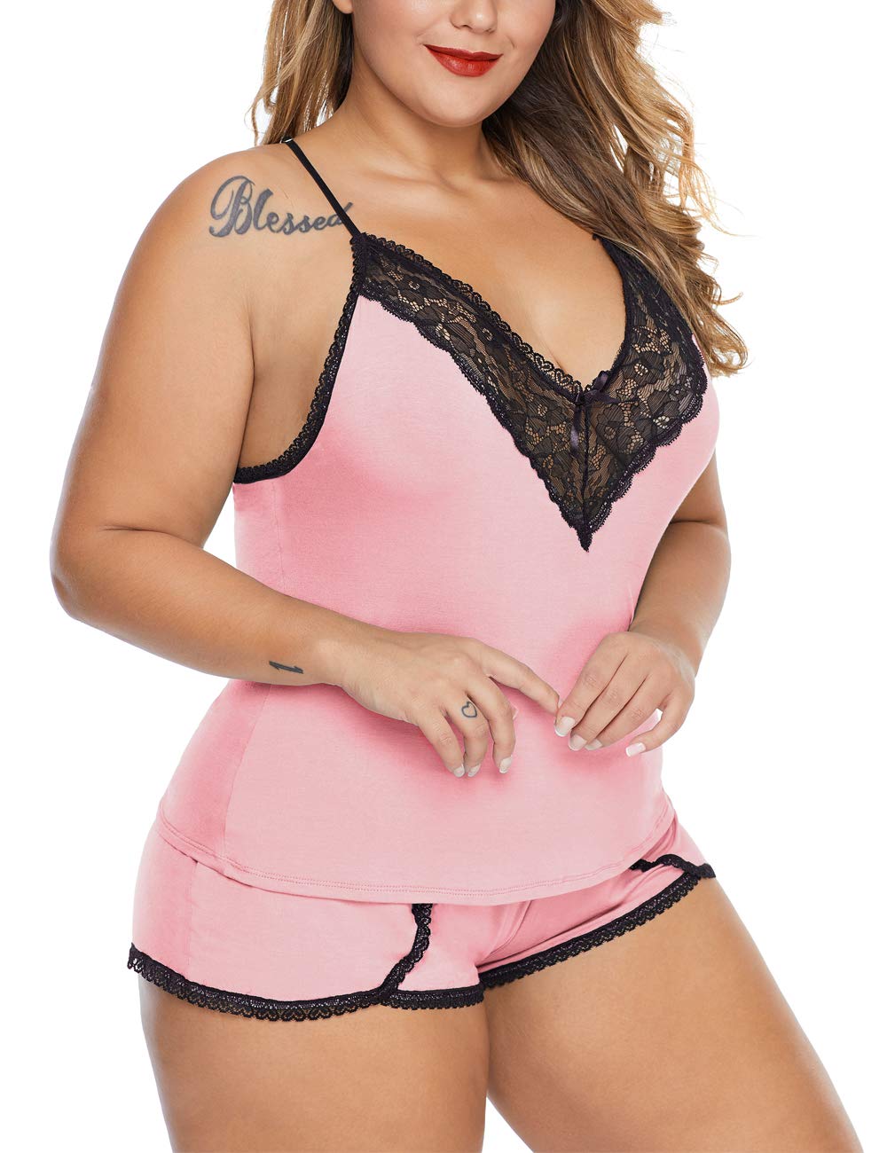 XAKALAKA Women Plus Size Pajamas Cami Shorts Set Nightwear Sexy Lace Lingerie Sleepwear: 3X-Large Pink