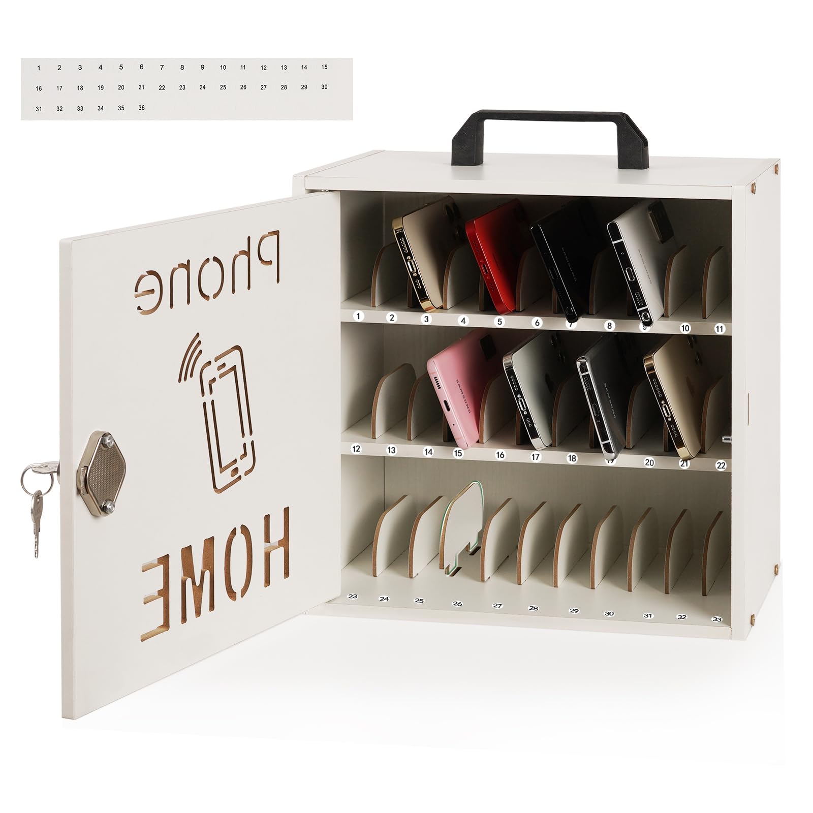 Echaprey Soporte para teléfono celular ajustable con 33 ranuras para el aula, gabinete de almacenamiento de madera para teléfono celular con asa y cerradura, soporte para teléfono celular de