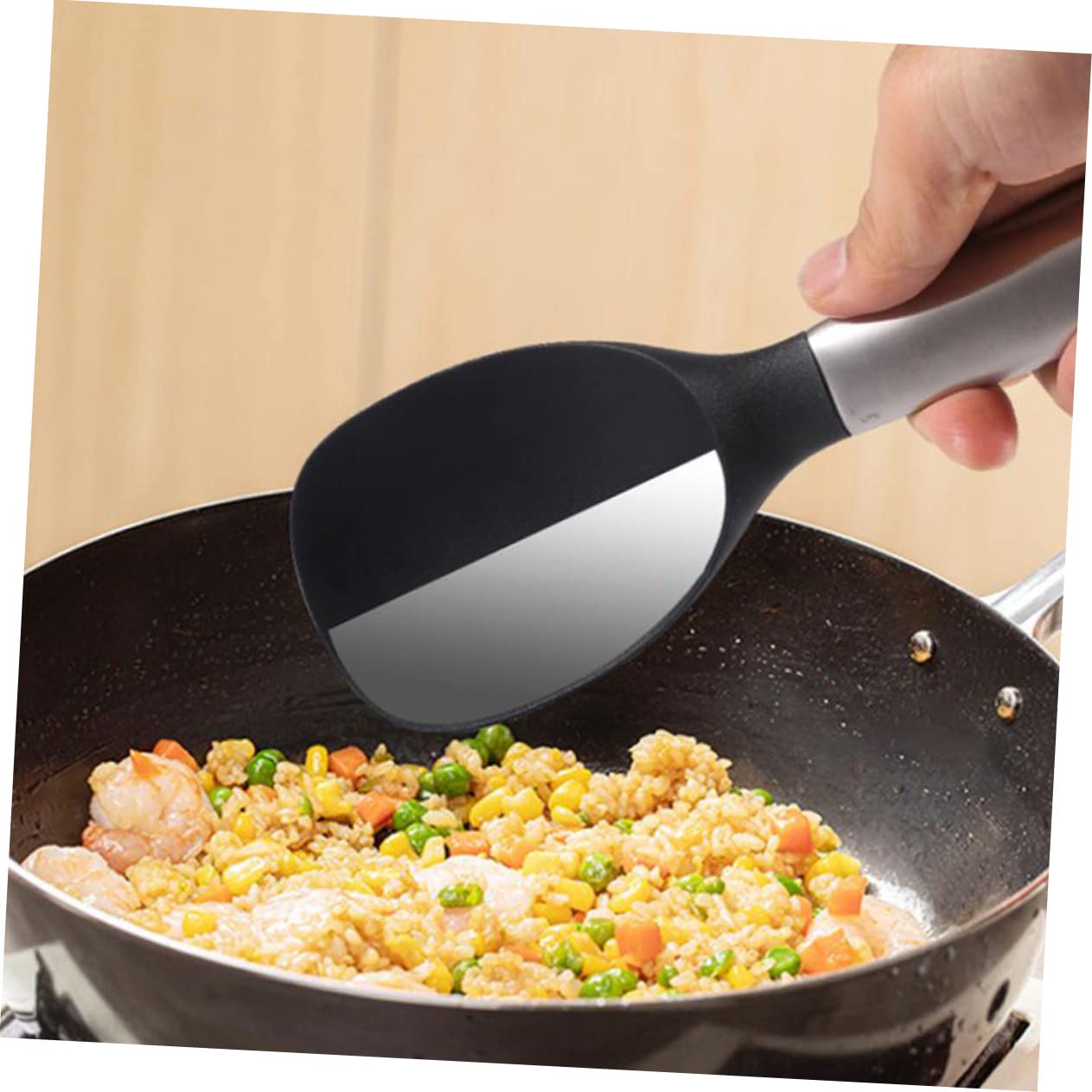 FUNOMOCYA 1Pc Silicone Rice Spoon with Stainless Steel Handle and Hanging Hole Design for Home and Restaurant Use Easy to Clean and Store Non Sticky Rice Serving Spoon