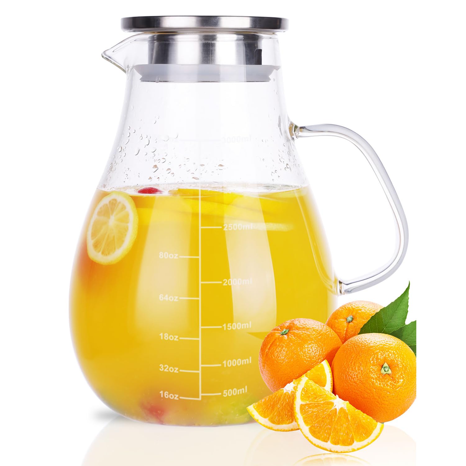 Glass Pitcher, Glass Water Pitcher with Tight Stainless Steel Lid, 105.5oz/3L Heat Resistant Borosilicate Glass Carafe, Temperature Safe