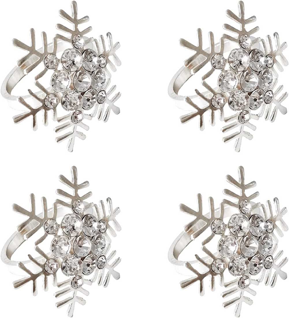 Nt-Ling Gold Christmas Napkin Ring Set 4Pcs Snowflake Napkin Holder Rings Silver Modern Household Napkin Rings Rhinestone Exquisite Napkins Rings For Wedding Banquet Christmas Party Dinner Table Decor(Snowflake)