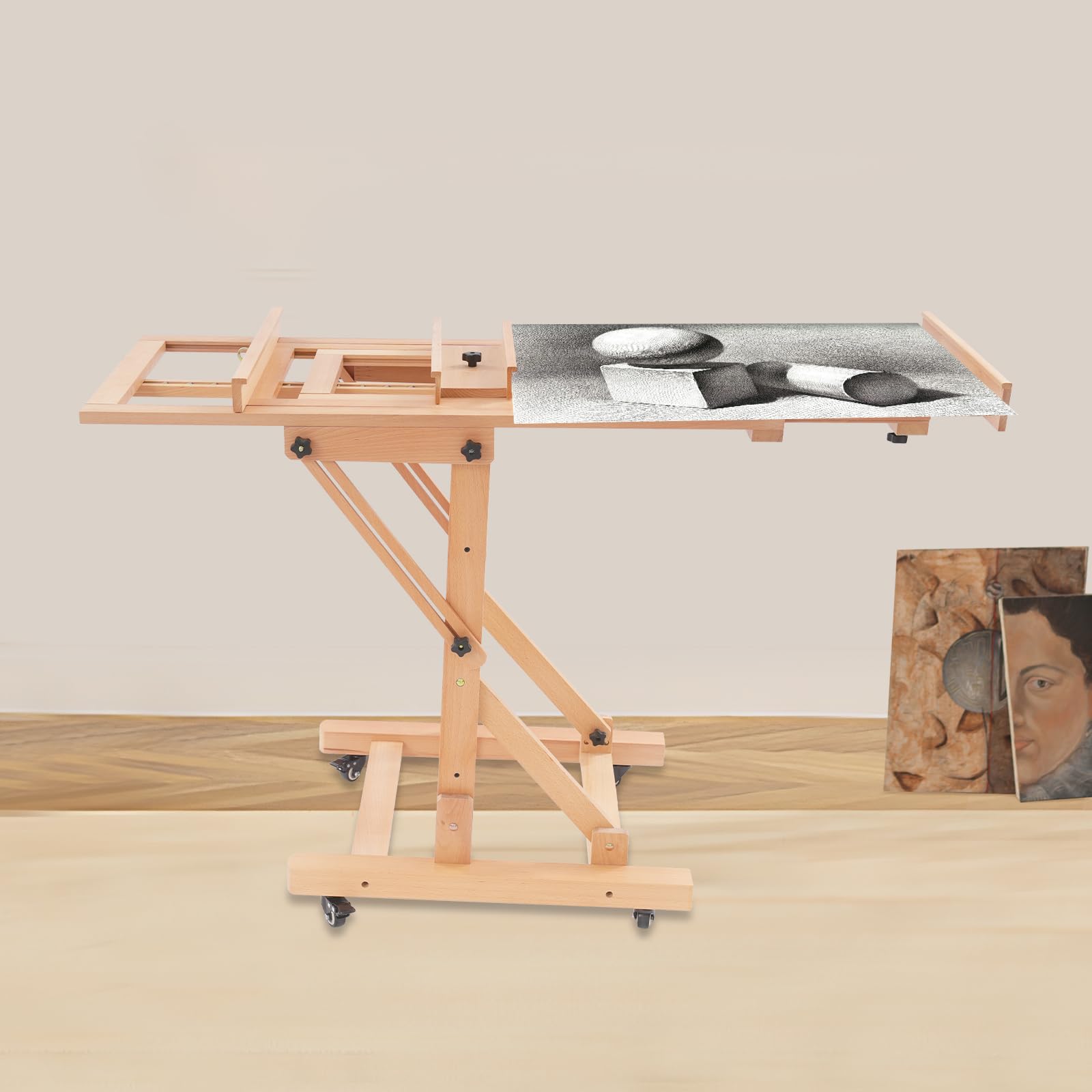 Caballete de pintura artística, con marco en H, con ruedas, caballete profesional de estudio robusto para adultos, caballete de suelo, 140-300 cm, rango de ajuste de altura (madera natural)