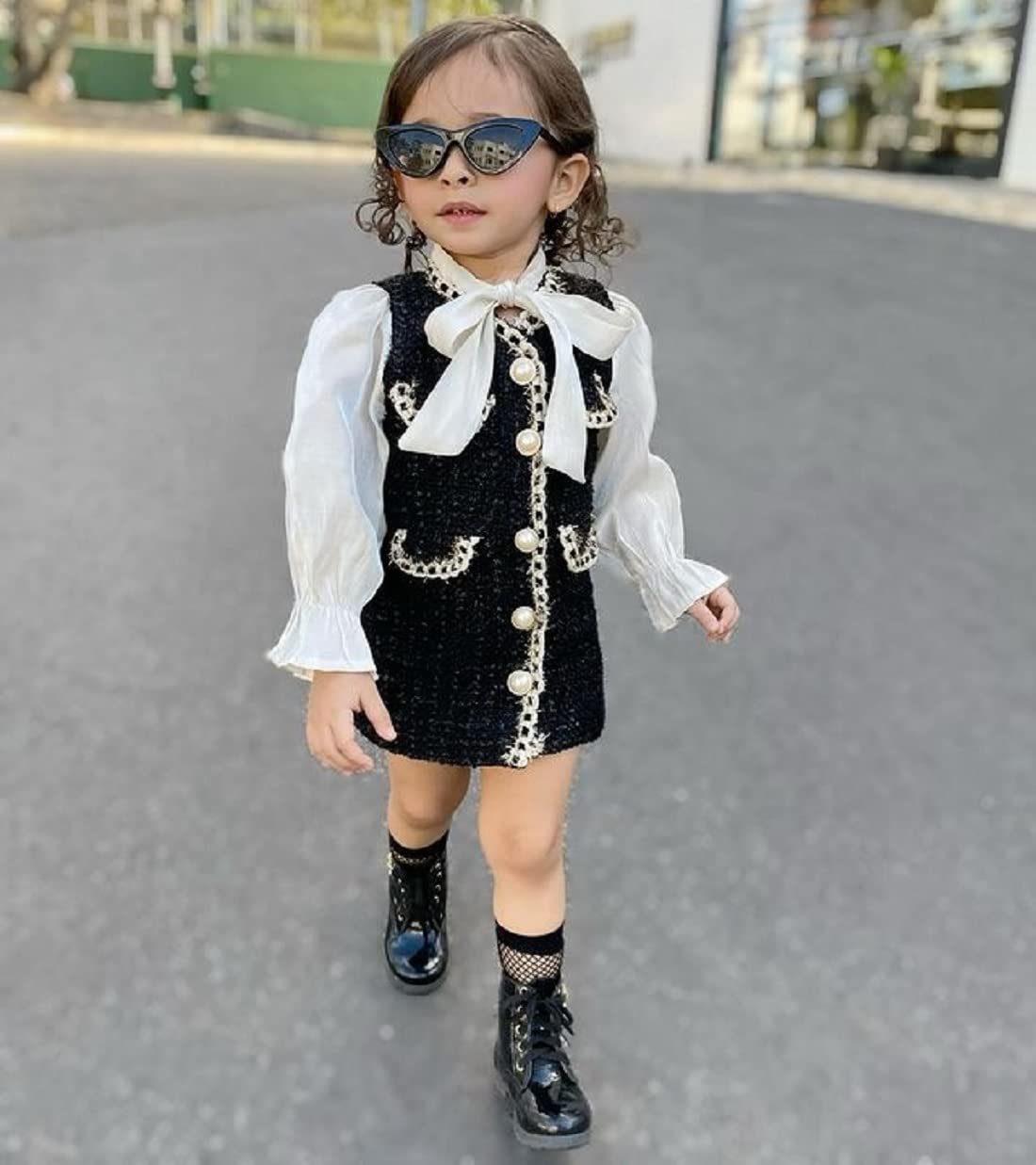 Lamuusaa Toddler Kid Baby Girls Dress Flard Sleeve Pearls Graceful Dress A-Line Dress Bowknot Princess Party Formal Outfits (Black+White, 4-5T)