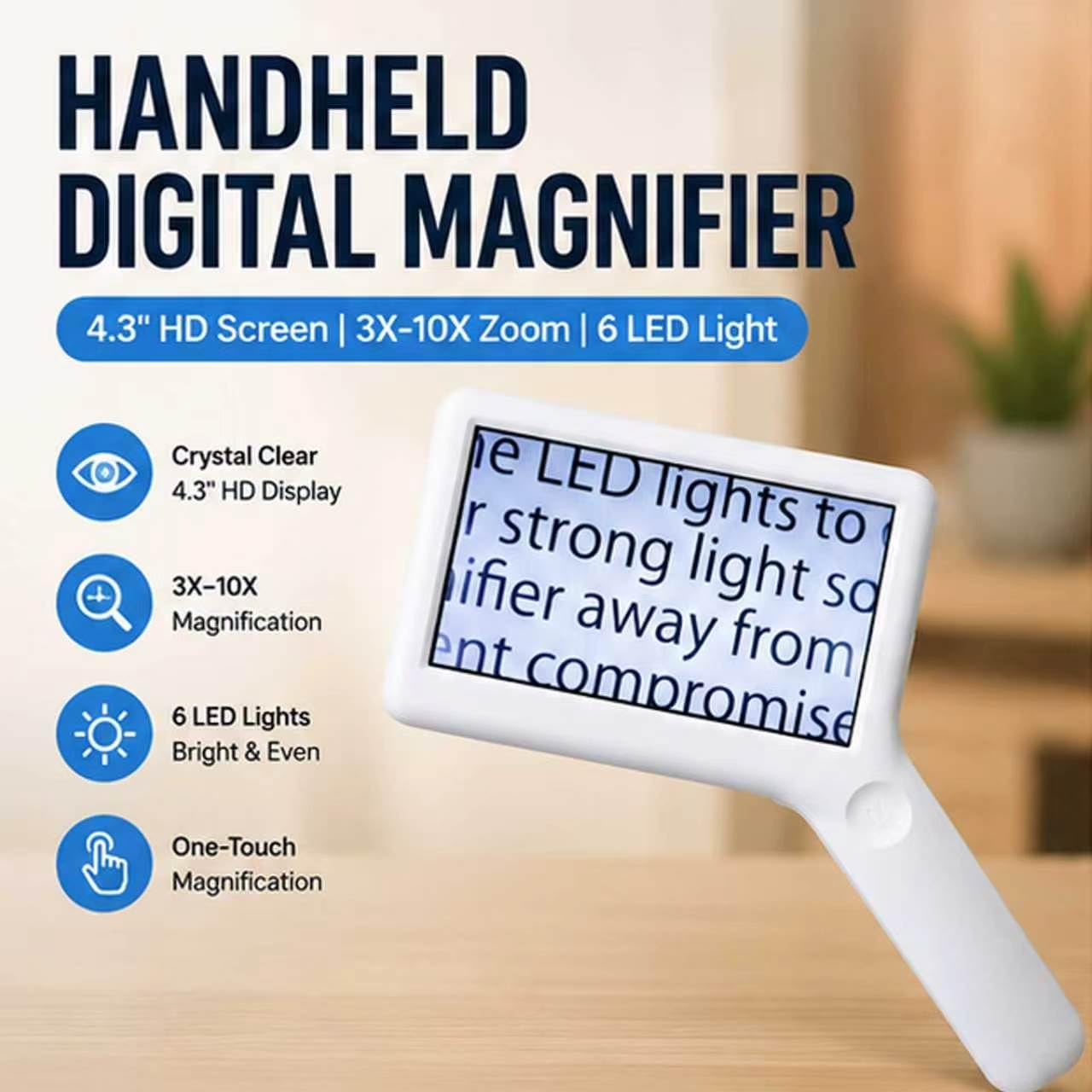Lupa digital de mano de 4.3 pulgadas, ayuda de lectura electrónica ajustable 3X-10X con 6 luces LED para personas mayores y lectura de impresión fina