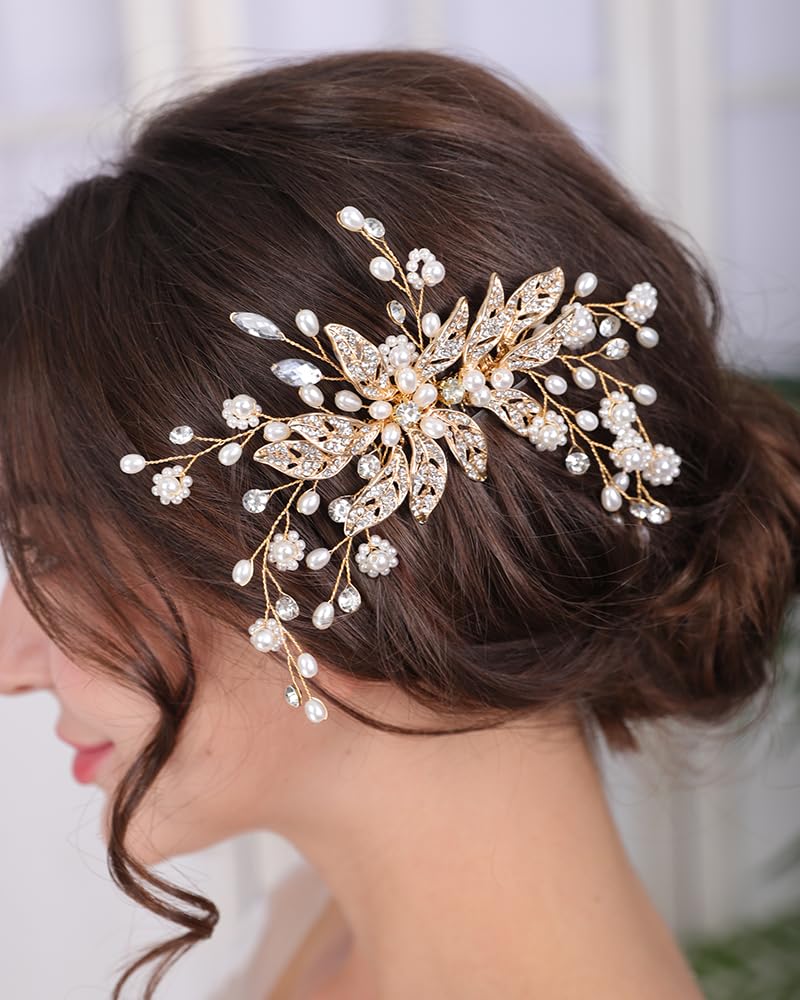 Rumtock Sparkle Gold Leaf with Rhinestone Beads Pearl Hair Comb for Women Girls Handmade Hair Piece Prom Banquet Wedding Bridal Jewelry