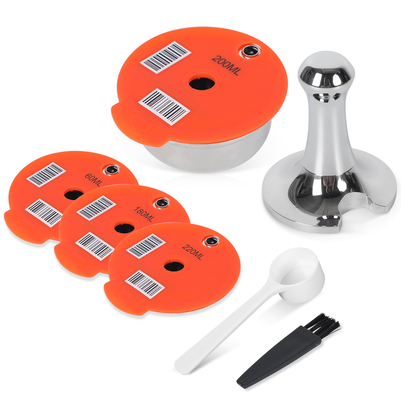 Reusable Coffee Pods for Ta*ssimo with Tamper Stainless Steel Ta*ssimo Reusable Pods Refillable Coffee Capsules with 4 Yellow Silicone Lids 60/180/200/220 Ml Compatible for Ta-Ssimo Machine