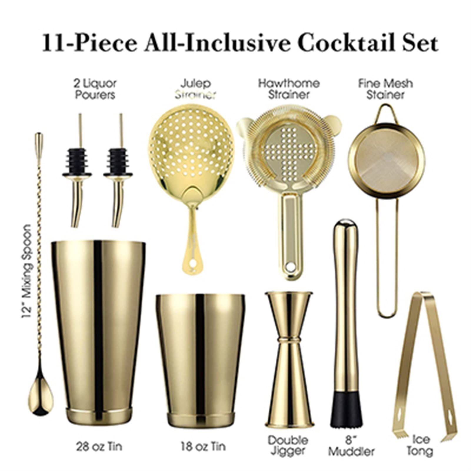 Utensilios de Cocina 11 Piezas Conjunto de coctelera Cóctel Boston Shaker Bartender Kit Coctelera ponderada Latas Colador Muddler Ice Tond Jigger Muddler Utensilios de Cocina (Color : Gold)