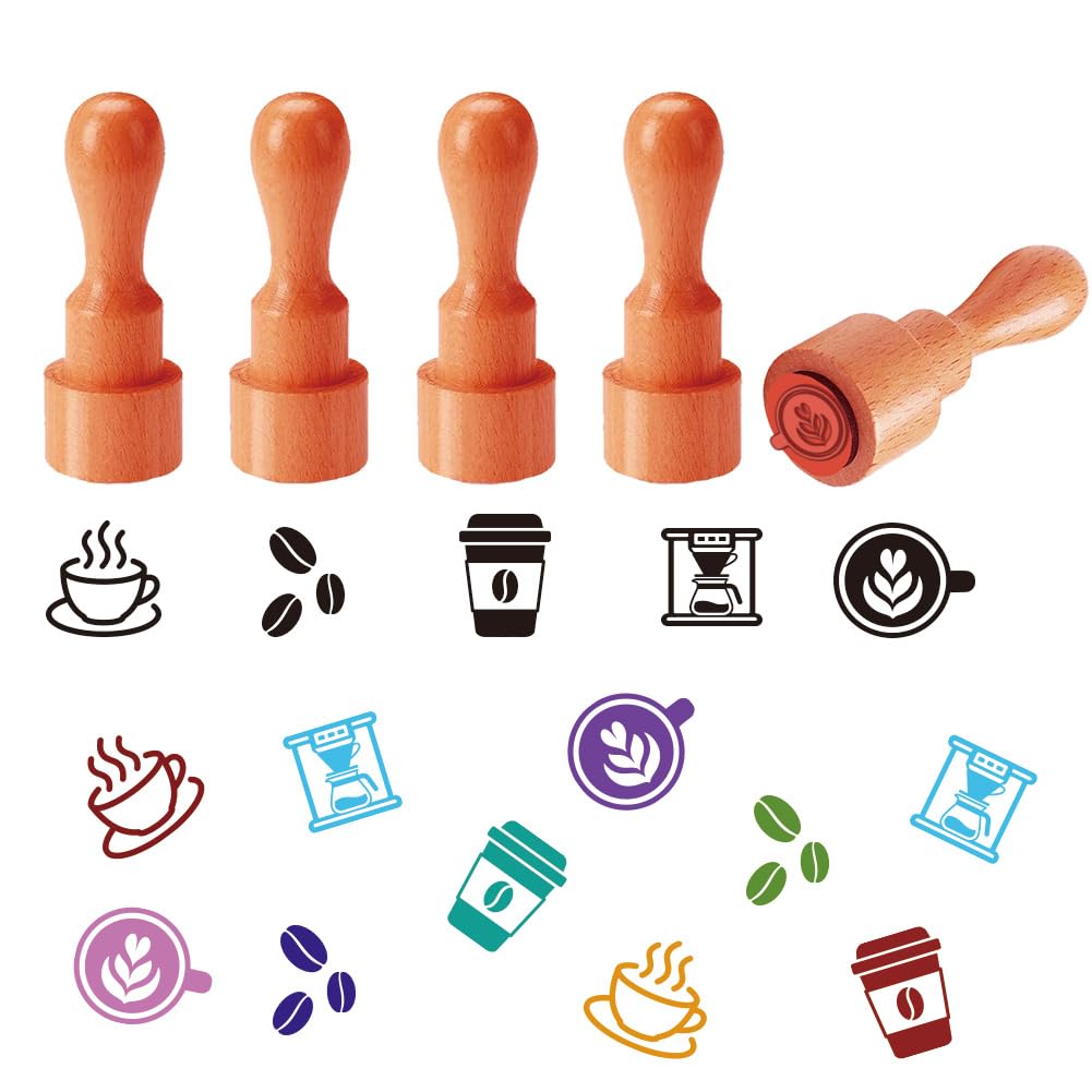 AHANDMAKER 5 Styles Mini Wooden Rubber Stamps, Coffee Theme Round Handle Stamps Minimalist Vintage Coffee Cup and Bean Patterns Wood Stamp for DIY Crafting Scrapbooking Card Making Planner โ image 1
