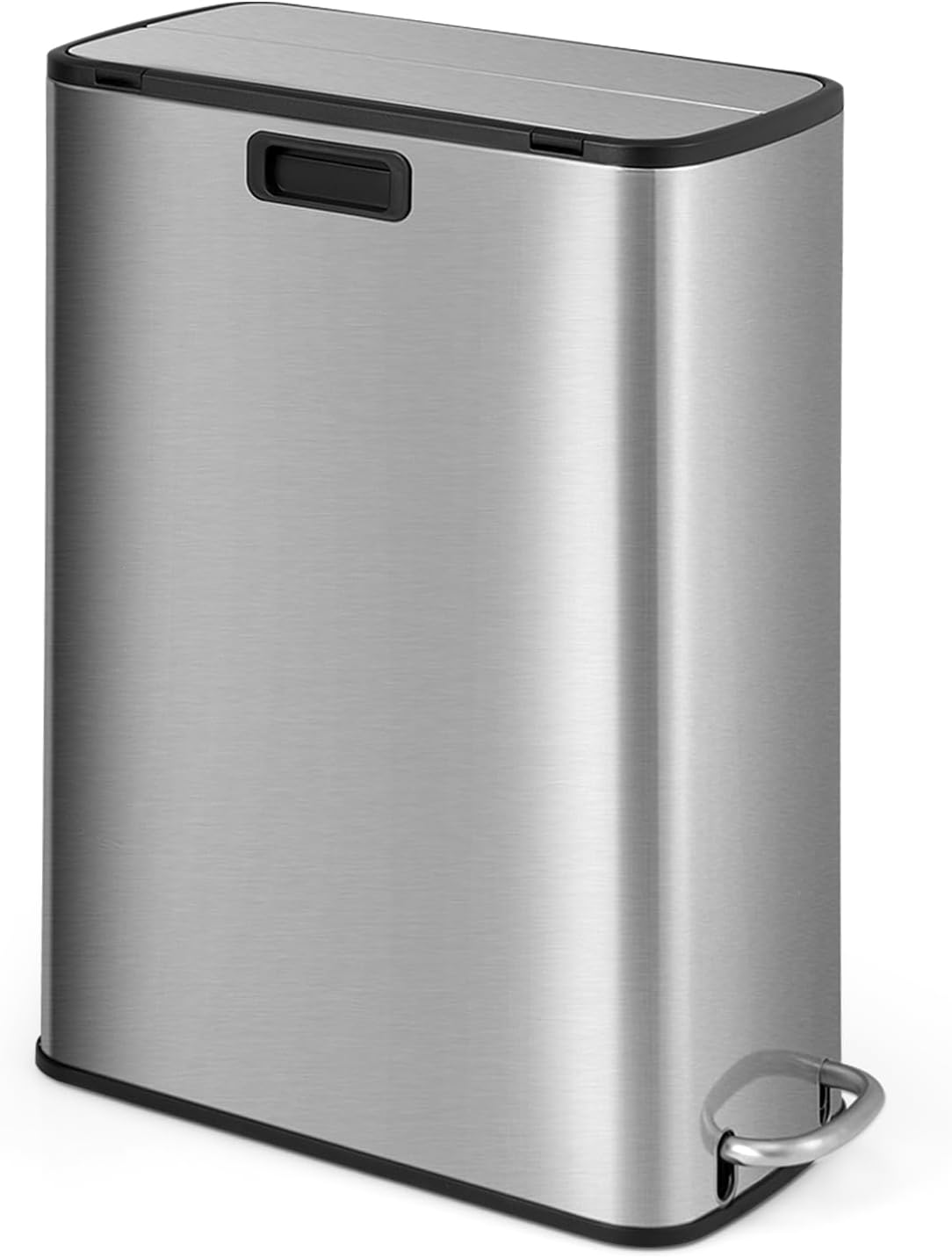 DORTALA 12 Gallon Kitchen Trash Can, Stainless Steel Waste Bin with Removable Inner Bucket & Soft-Closing Wing Lids, Slim Step Garbage Can for Home Office Bathroom, Silver