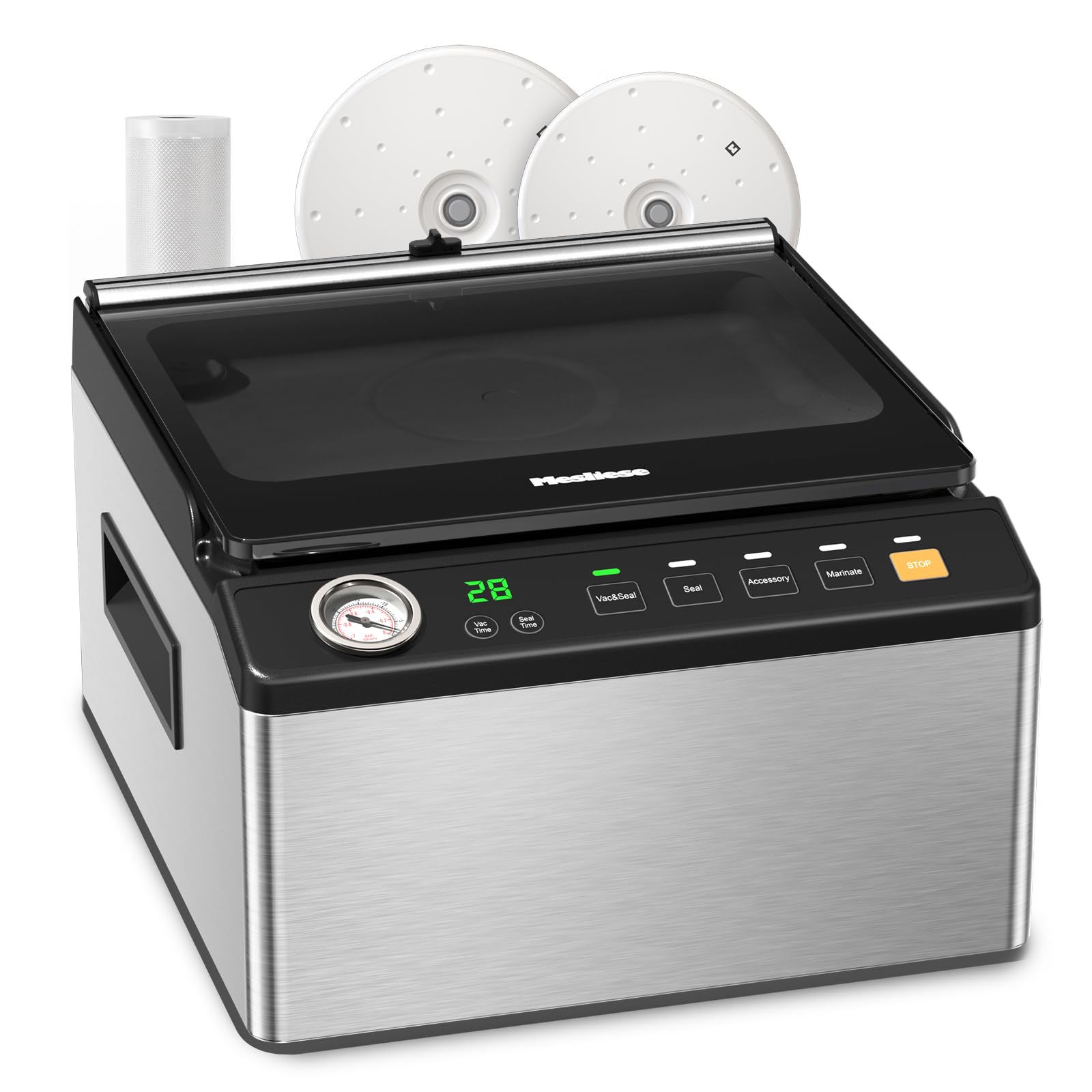 Mesliese Kammervakuumierer 6L mit 28,6cm Doppel-Schweißleiste, integriertem Folienschneider, externem Vakuumieren, Schnell-Marinieren, inkl. Vakuumfolienrolle & Universaldeckeln, Sous Vide