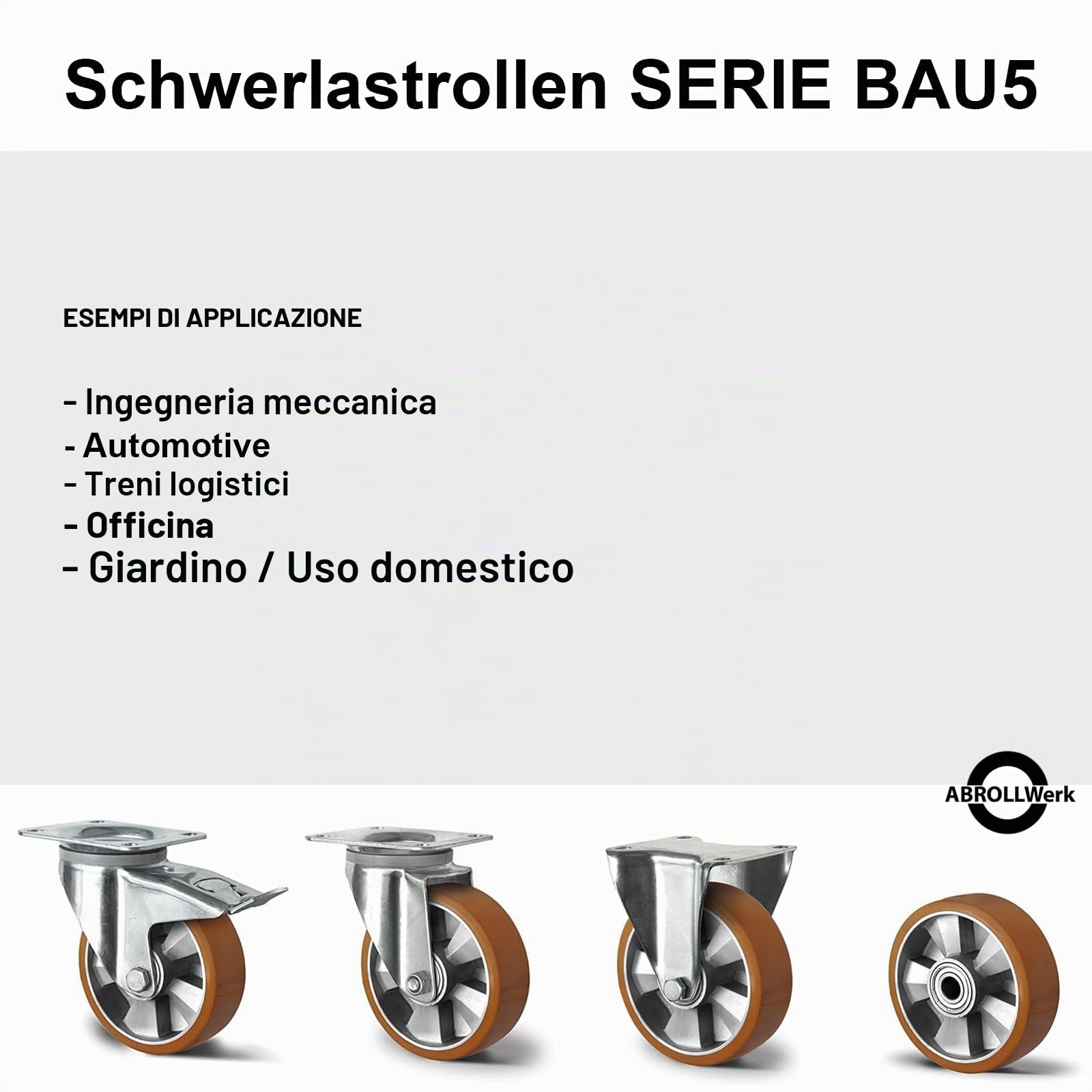 Abrollwerk Set di 4 ruote di carico pesanti 200 mm – 1800 kg – 2 ruote girevoli con freno & 2 ruote girevoli – battistrada in PU & corpo ruota in alluminio – ruote industriali con doppio cuscinetto a