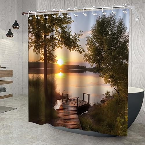Miniatura 3 de Cortina de ducha de tela con diseño de puente de madera, lago, puesta de sol, paisaje, baño, bañeras, juego de cortina de ducha con 12 ganchos, 72 x