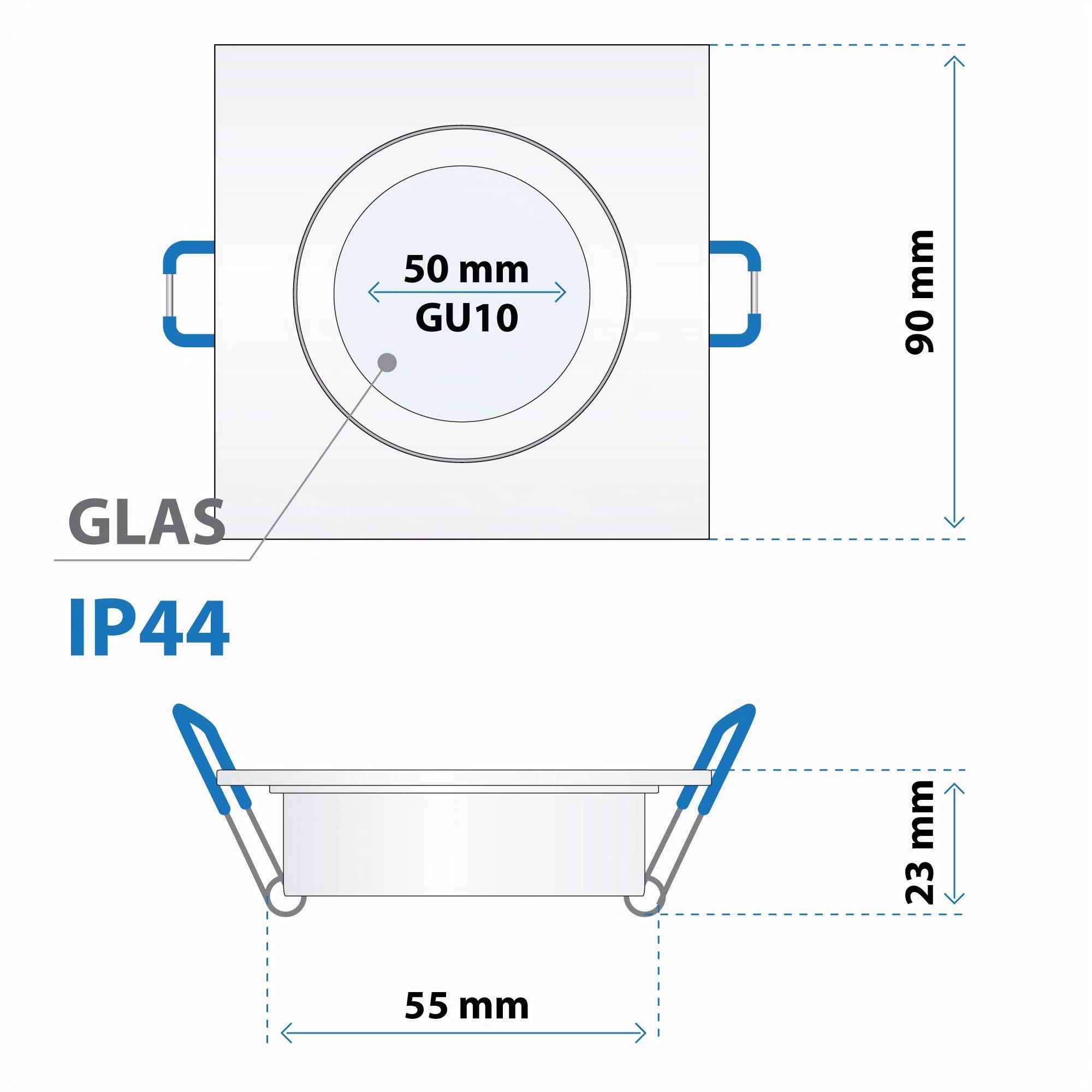 10x Einbaustrahler Bad IP44 mit GU10 Fassung ECKIG weiß Einbauspot Einbauleuchte Rahmen Rostfrei Deckenspot Strahler Spot 5102