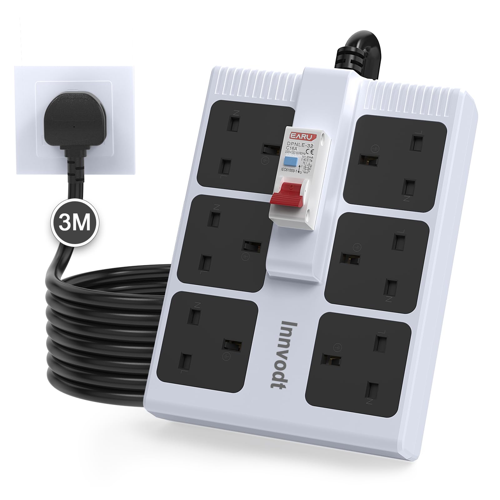 RCD Surge Protected Extension Lead, 3M/9.8ft Heavy-Duty, 13A UK Plug 3250W, 6-Gang Sockets, Flame-Retardant