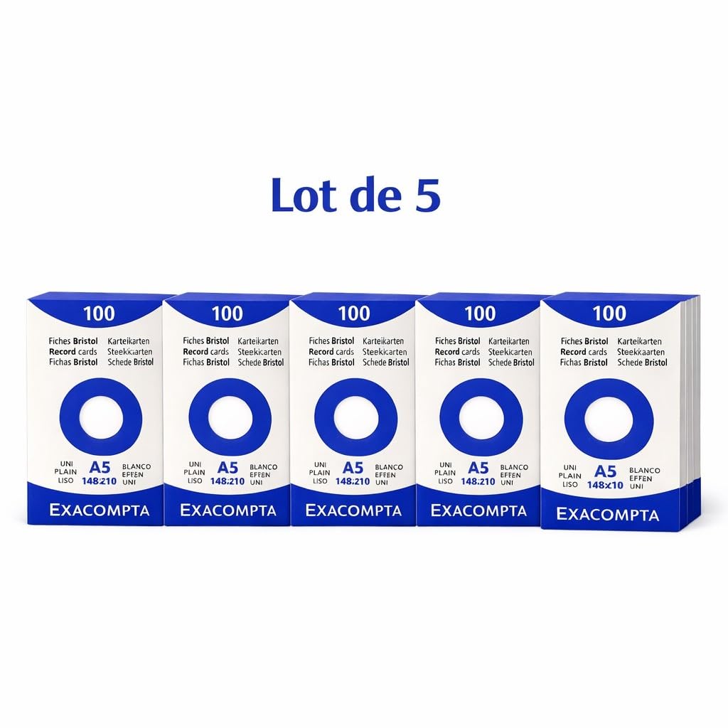 Exacompta Pack Bureau 5 Étuis 100 Fiches Bristol Unies Non Perforées 148 x 210 mm Compatibles Imprimante Jet d'Encre Laser Photocopieur Blanc